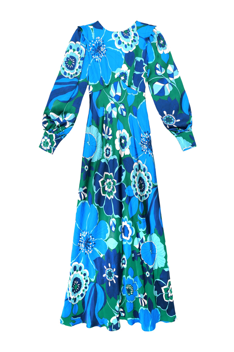 Marni Backless Satin Gown in Blue Miami Floral Emerald | RIXO USA Marni Backless Satin Gown in Blue Miami Floral Emerald | RIXO USA