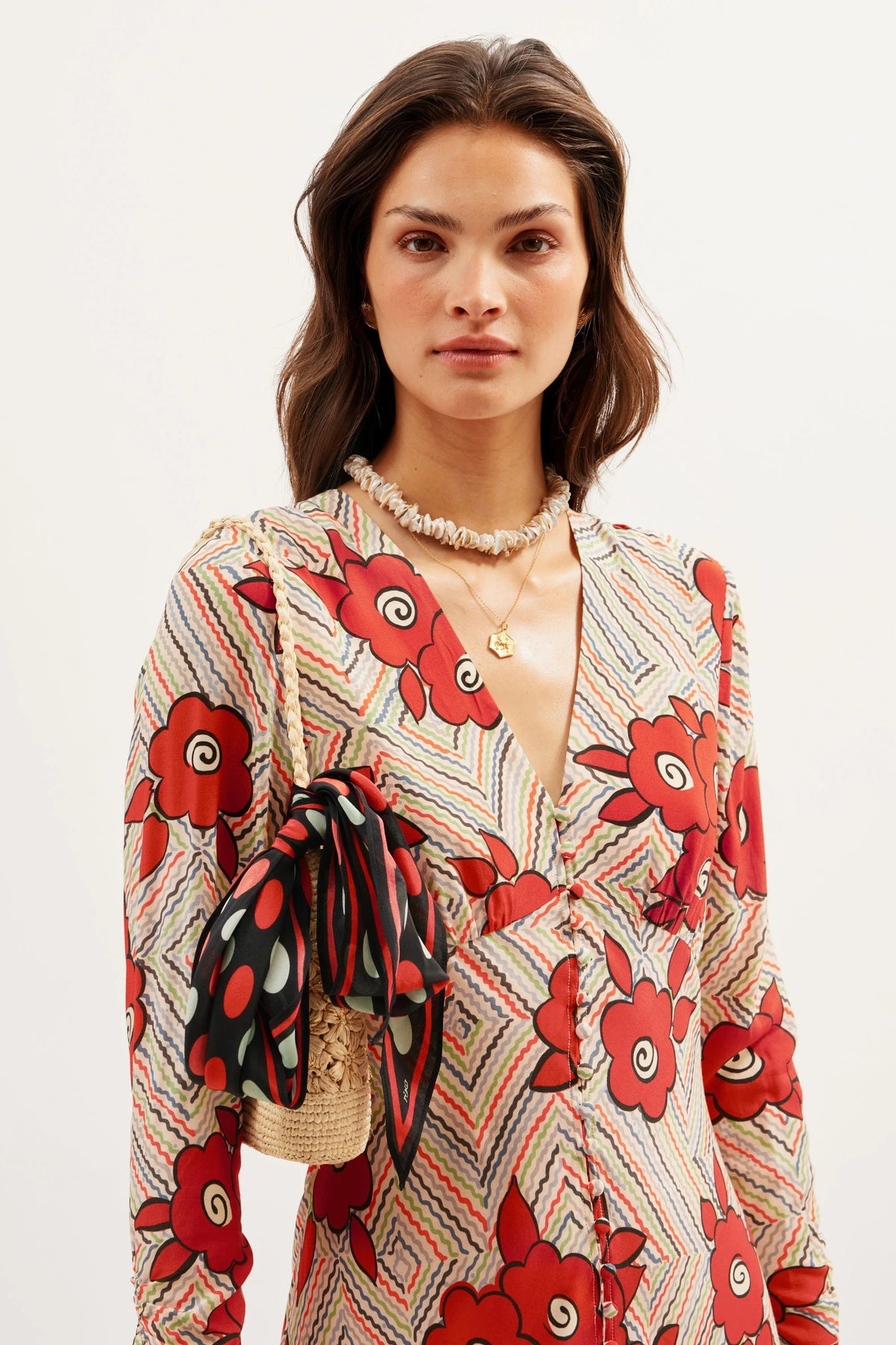 Katie Midi Dress in Red Milos Floral Cream | RIXO USA Katie Midi Dress in Red Milos Floral Cream | RIXO USA