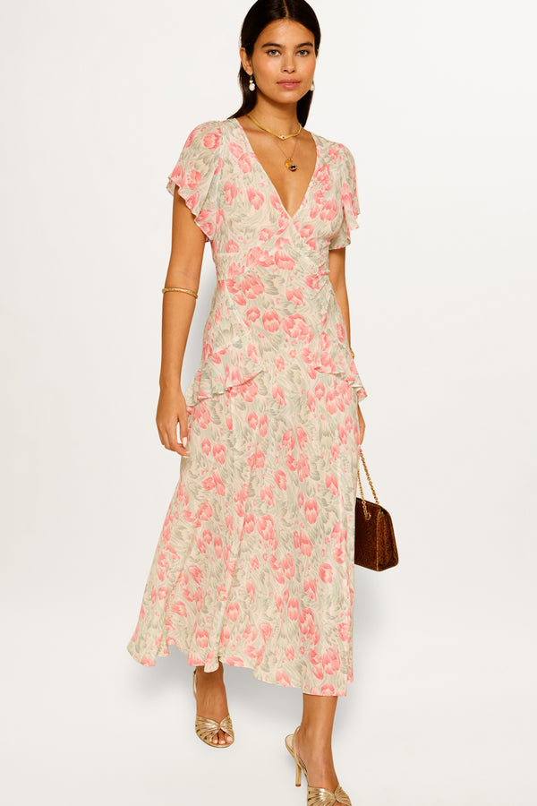 Evie Silk Dress in Pink Tulip Fields Coral