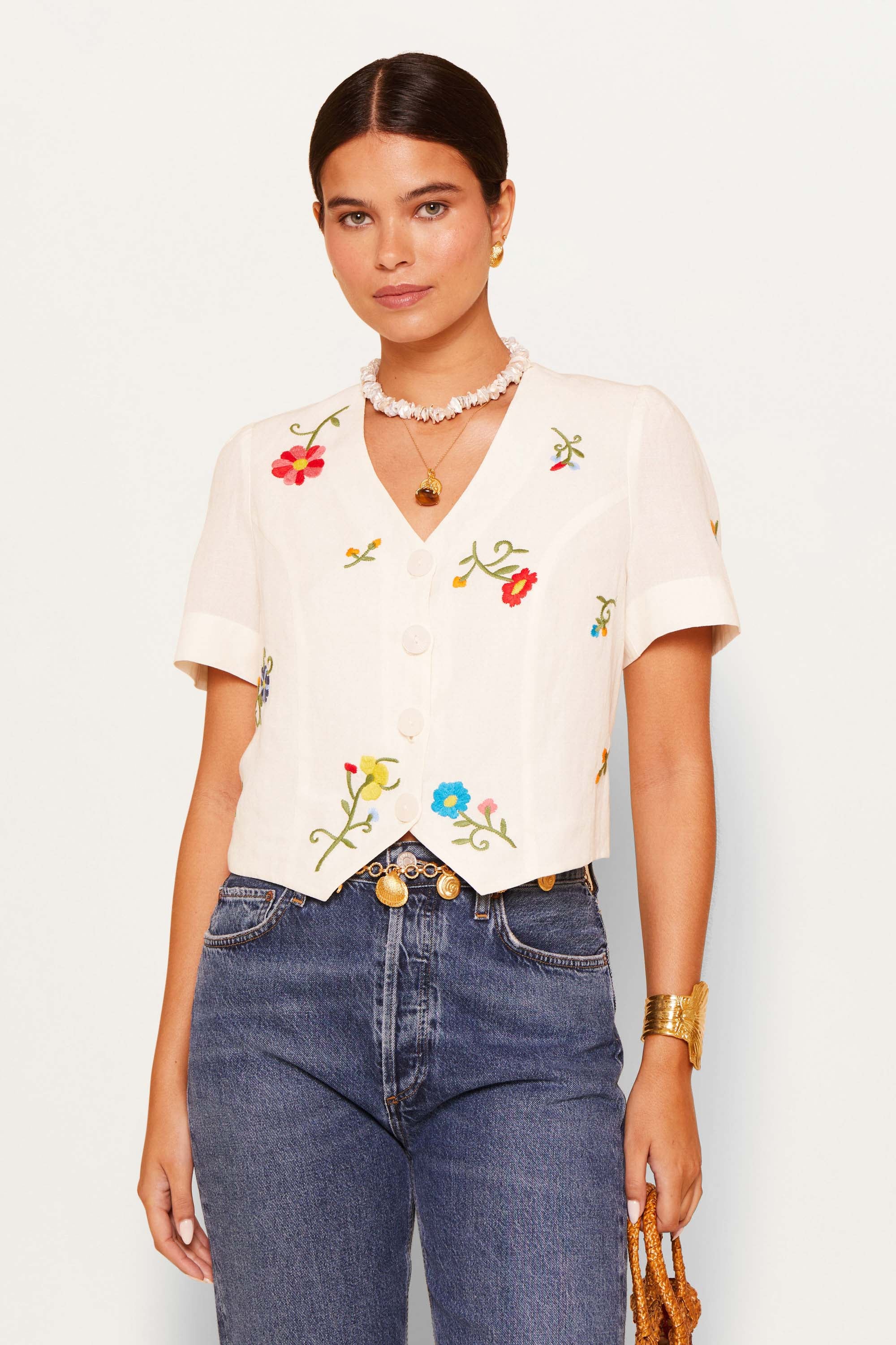 Immie Embroidered Linen-Blend Top in Ombre Floral Embroidery Cream