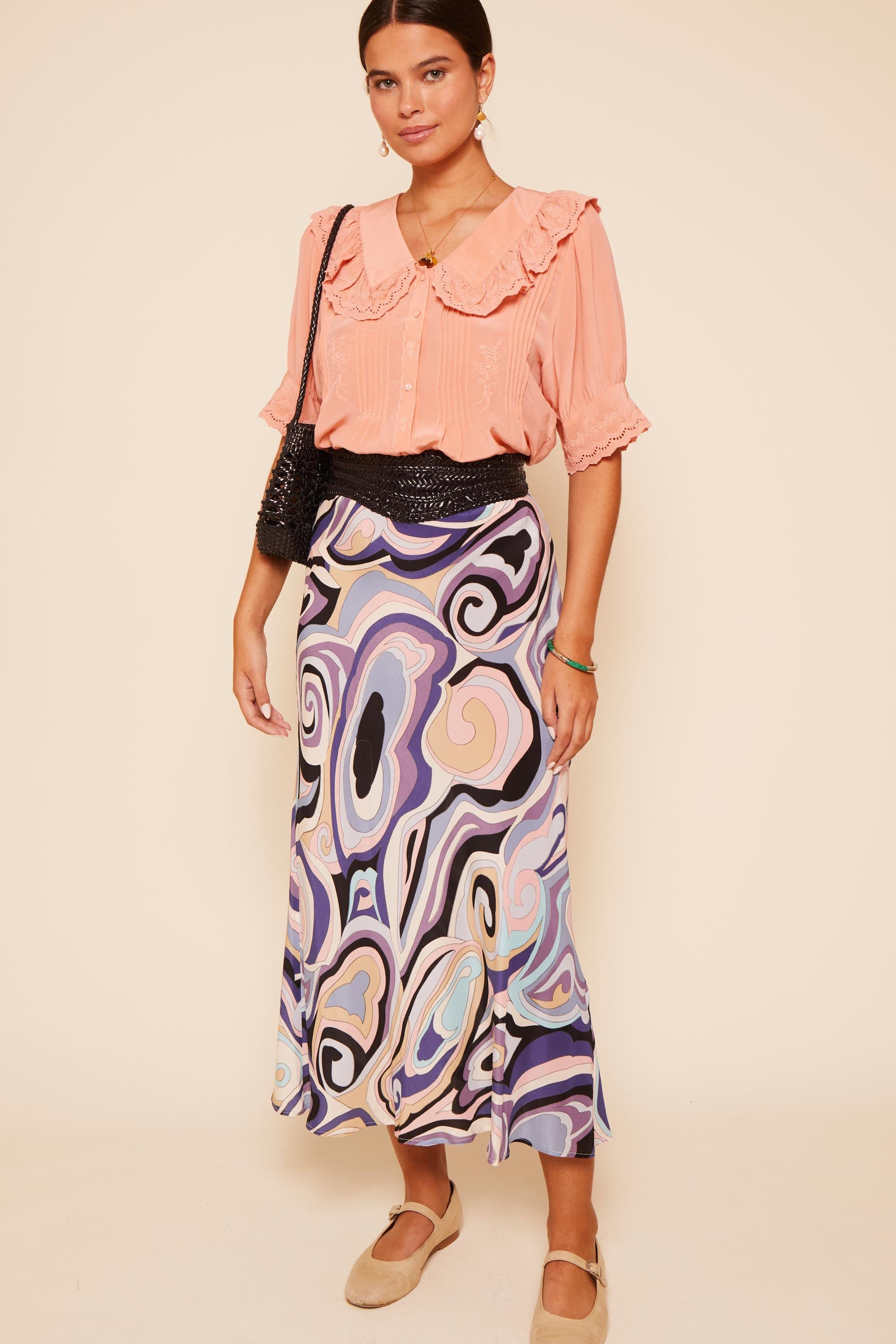 【新品タグ付✨】AURALEE MELTON LONG SKIRT Kelly Silk Midi Skirt in Purple Marble Ocean