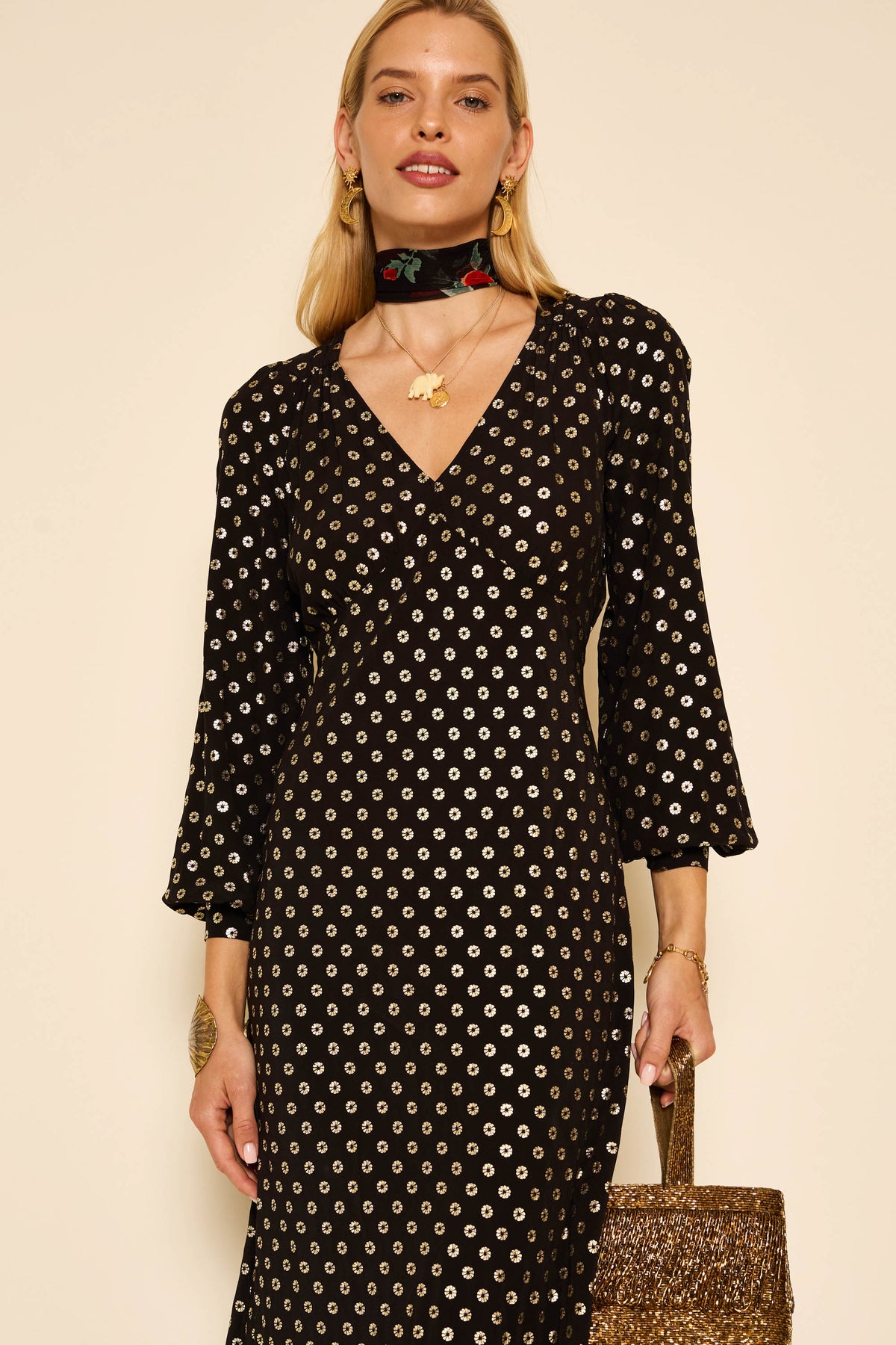 Mavis Midi Dress in Black Shibori Gold | RIXO USA Mavis Midi Dress in Black Shibori Gold | RIXO USA