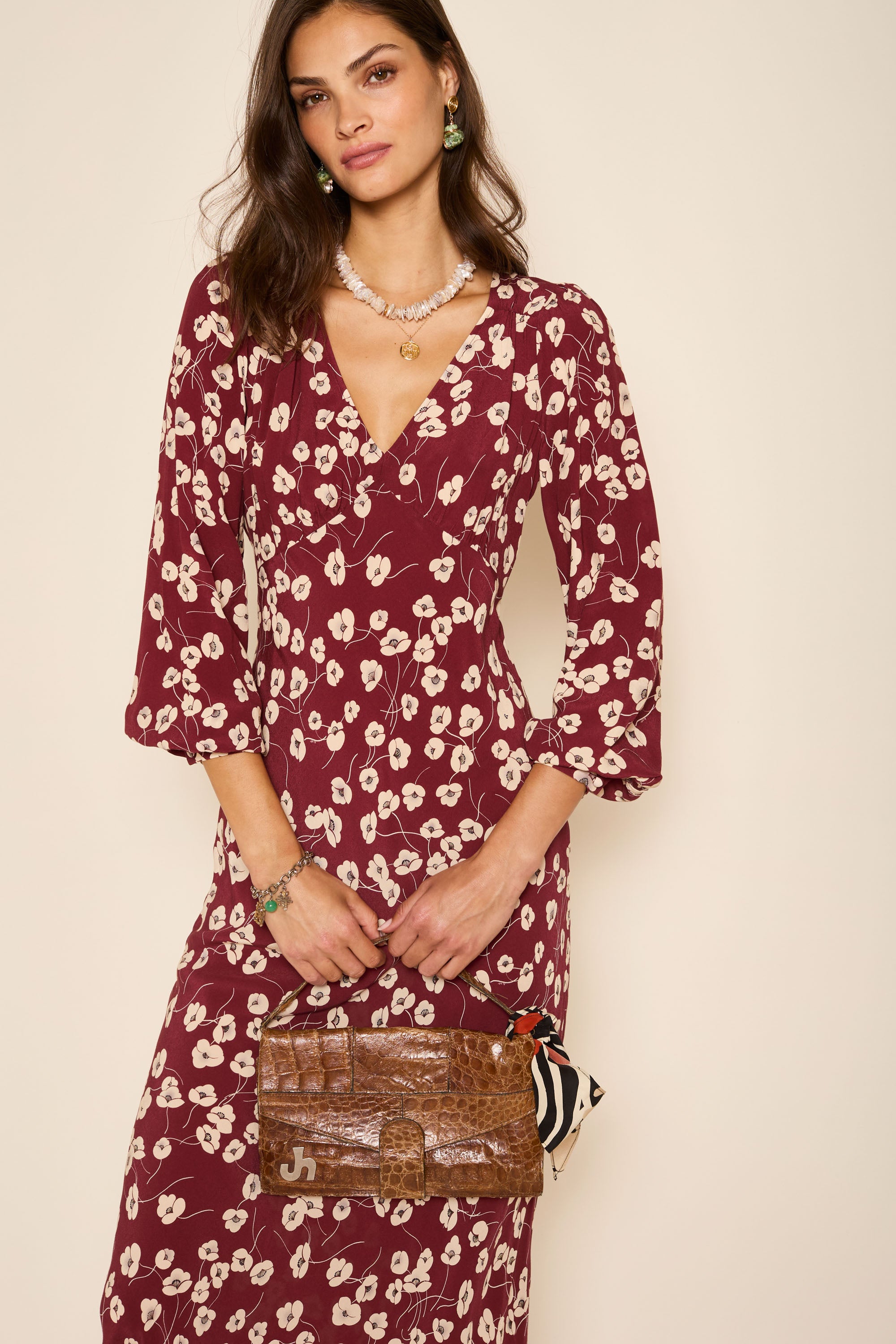 Mavis Midi Dress in Burgundy Autumn Cherry Maroon | RIXO USA ⋆