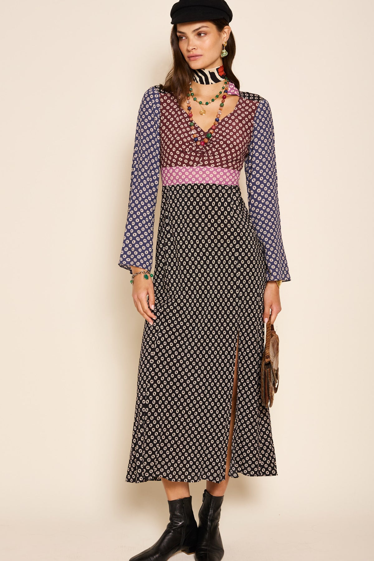 Priscilla Midi Dress in Multi Shibori Burgundy Mix | RIXO USA Priscilla Midi Dress in Multi Shibori Burgundy Mix | RIXO USA
