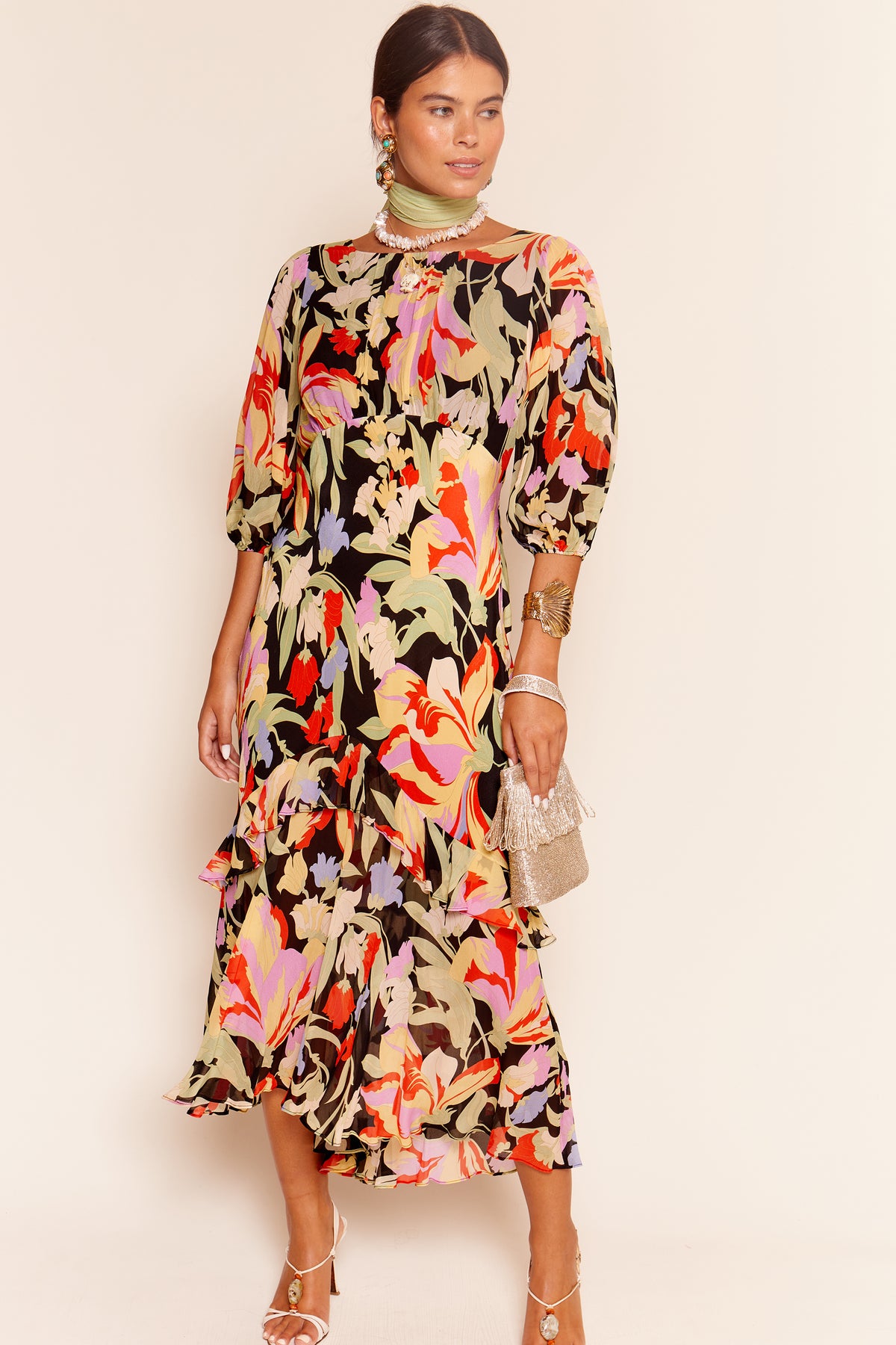 knee length dresses for ladies Cheryl Silk Midi Dress in Multi Cece Floral Black