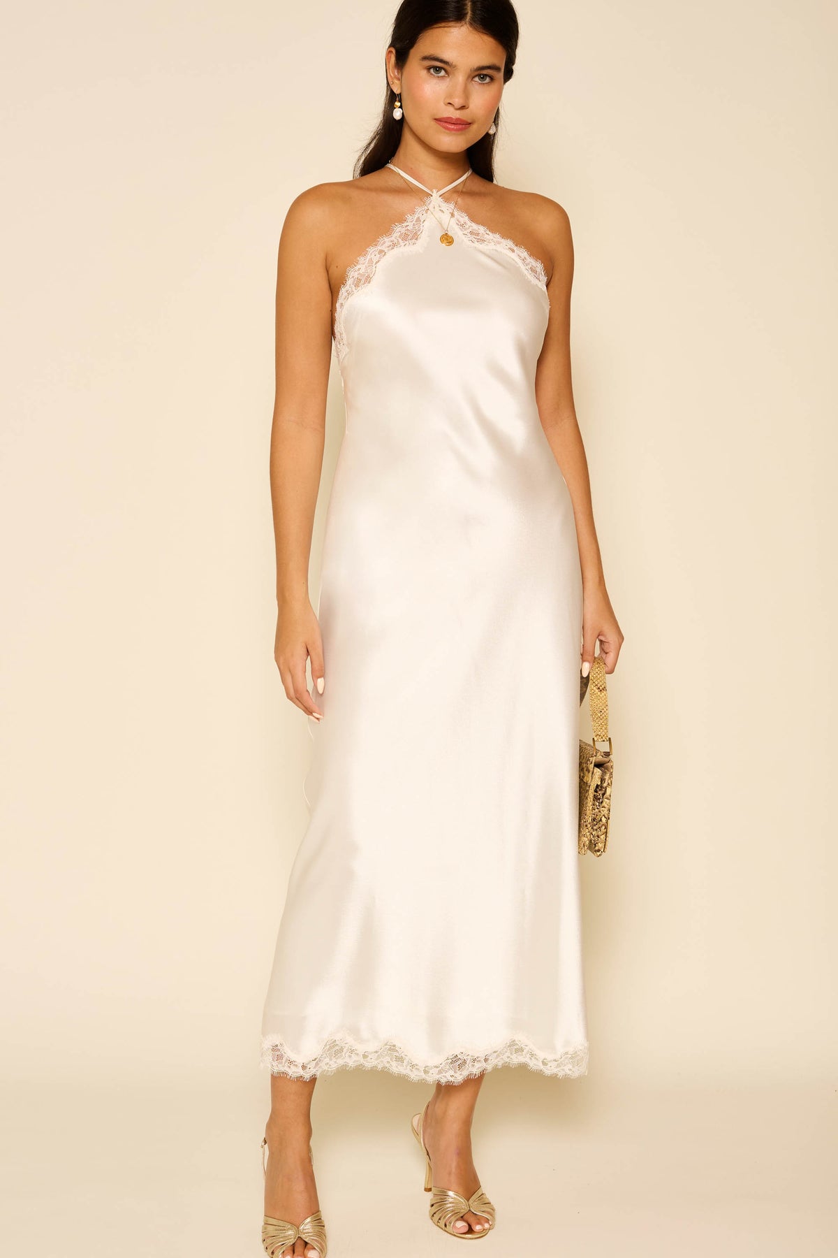 Harlan Satin Midi Dress in Cream Ivory | RIXO USA Harlan Satin Midi Dress in Cream Ivory | RIXO USA