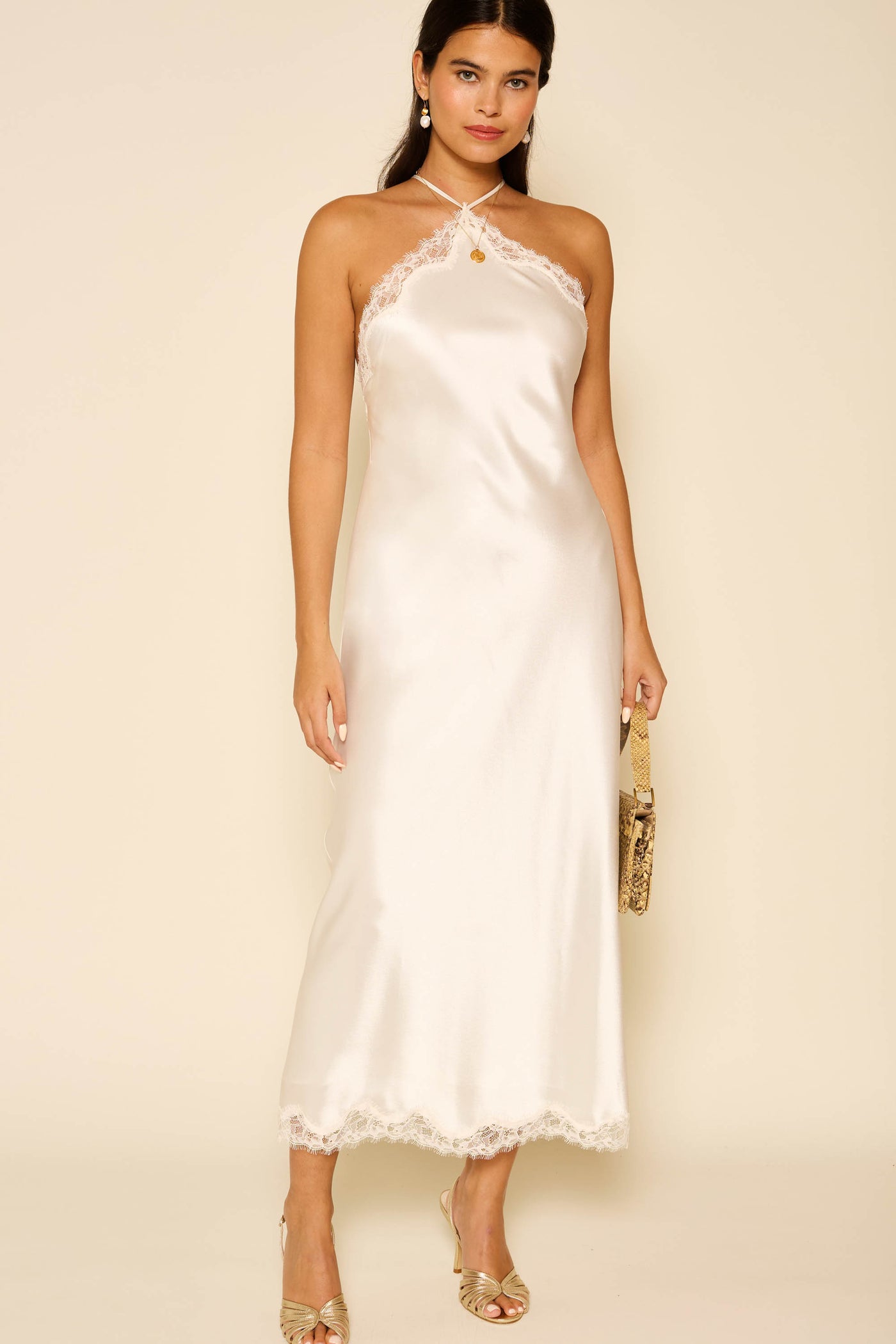 Harlan Satin Midi Dress in Cream Ivory | RIXO USA Harlan Satin Midi Dress in Cream Ivory | RIXO USA