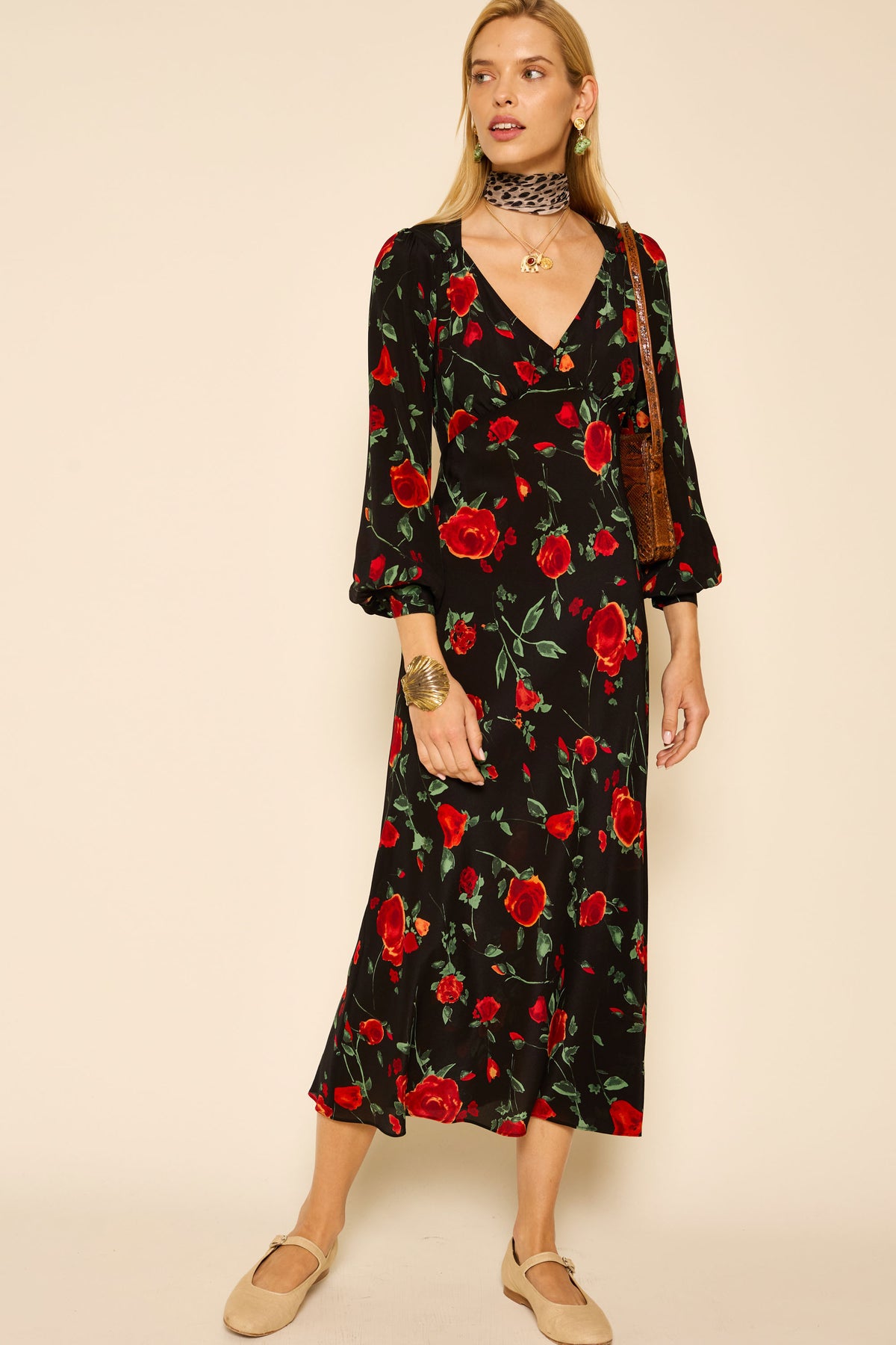 Mavis Silk Midi Dress in Claudia Rose Black | RIXO USA Mavis Silk Midi Dress in Claudia Rose Black | RIXO USA