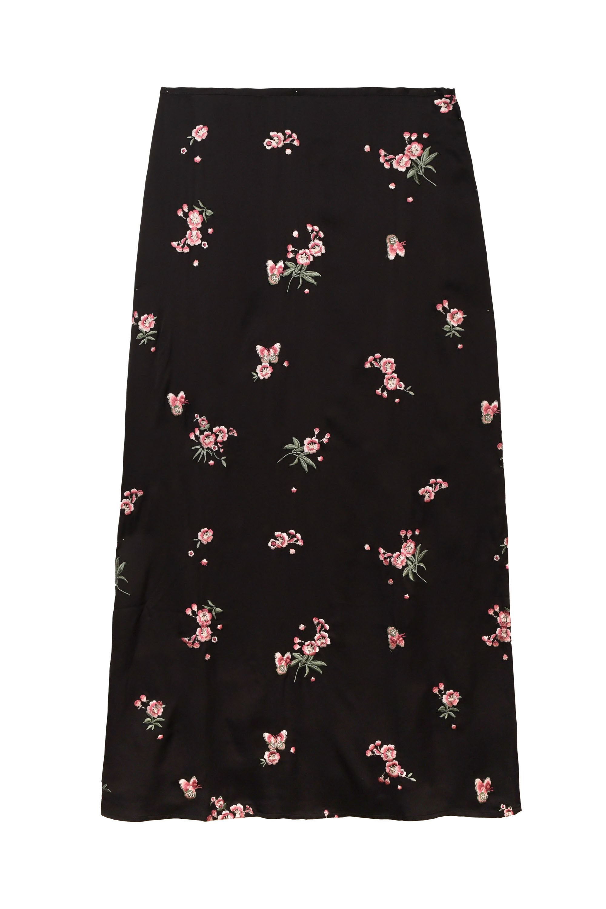 Indiya Satin Midi Skirt in Black Blossom Embroidery Pink | RIXO ⋆ Indiya Satin Midi Skirt in Black Blossom Embroidery Pink | RIXO ⋆