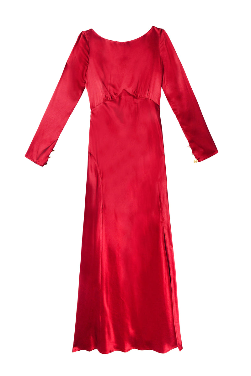 The Devina - Crimson is a long-sleeved, floor-length satin gown with a fitted bodice and slight hem flare, shown flat on a white background.