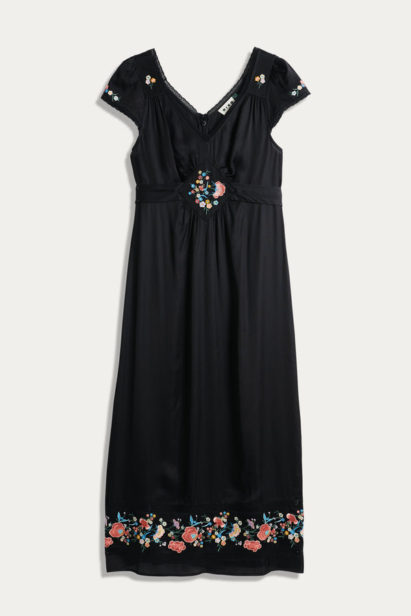 Carey Embroidered Satin Dress in Orchard Embroidery Black | RIXO USA Carey Embroidered Satin Dress in Orchard Embroidery Black | RIXO USA