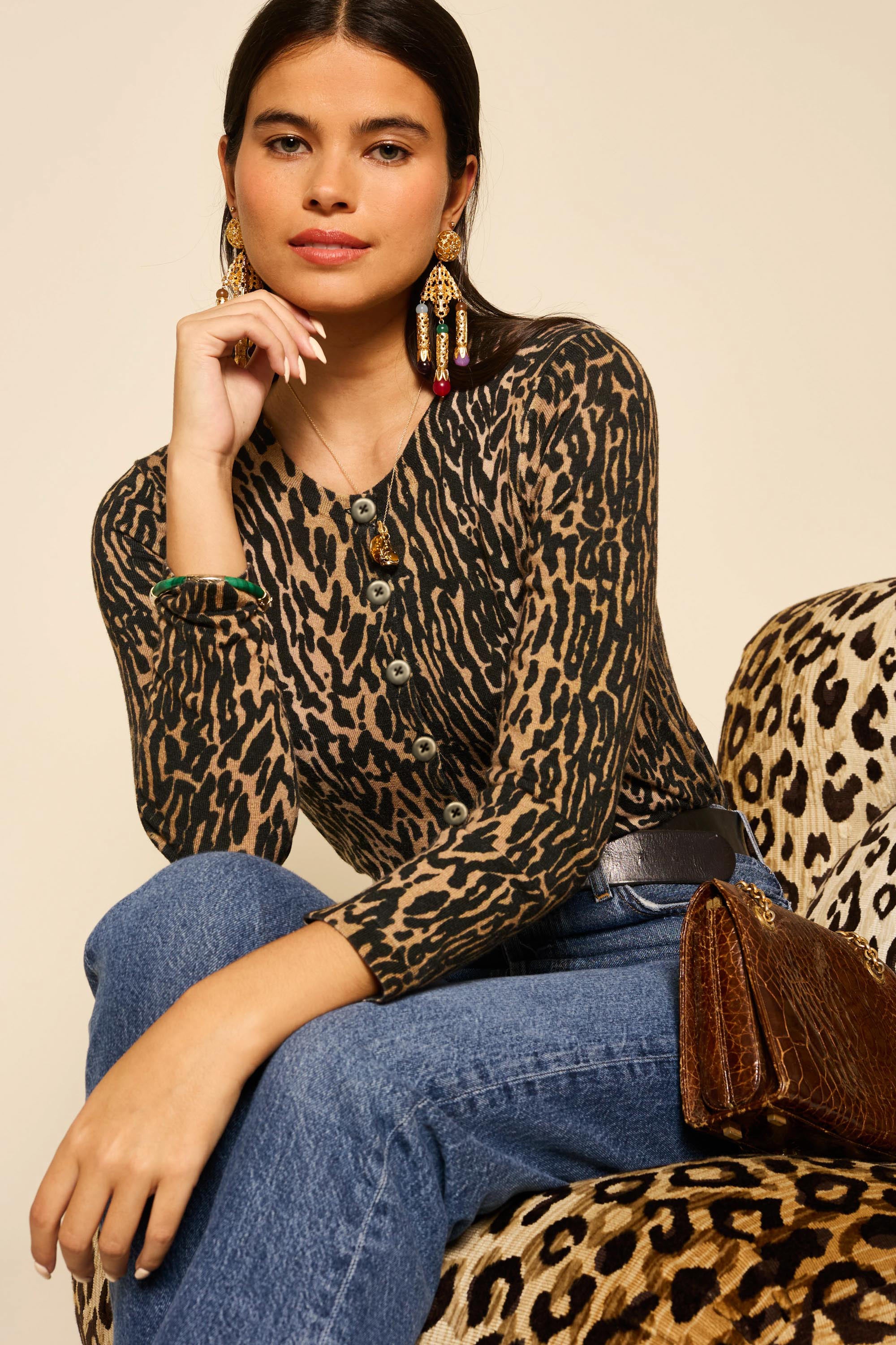 Peony Leopard Wool Cardigan in Bohemia Leopard Brown | RIXO USA ⋆