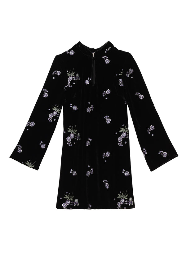 Calla Velvet Mini Dress in Black Blossom Embroidery Blue