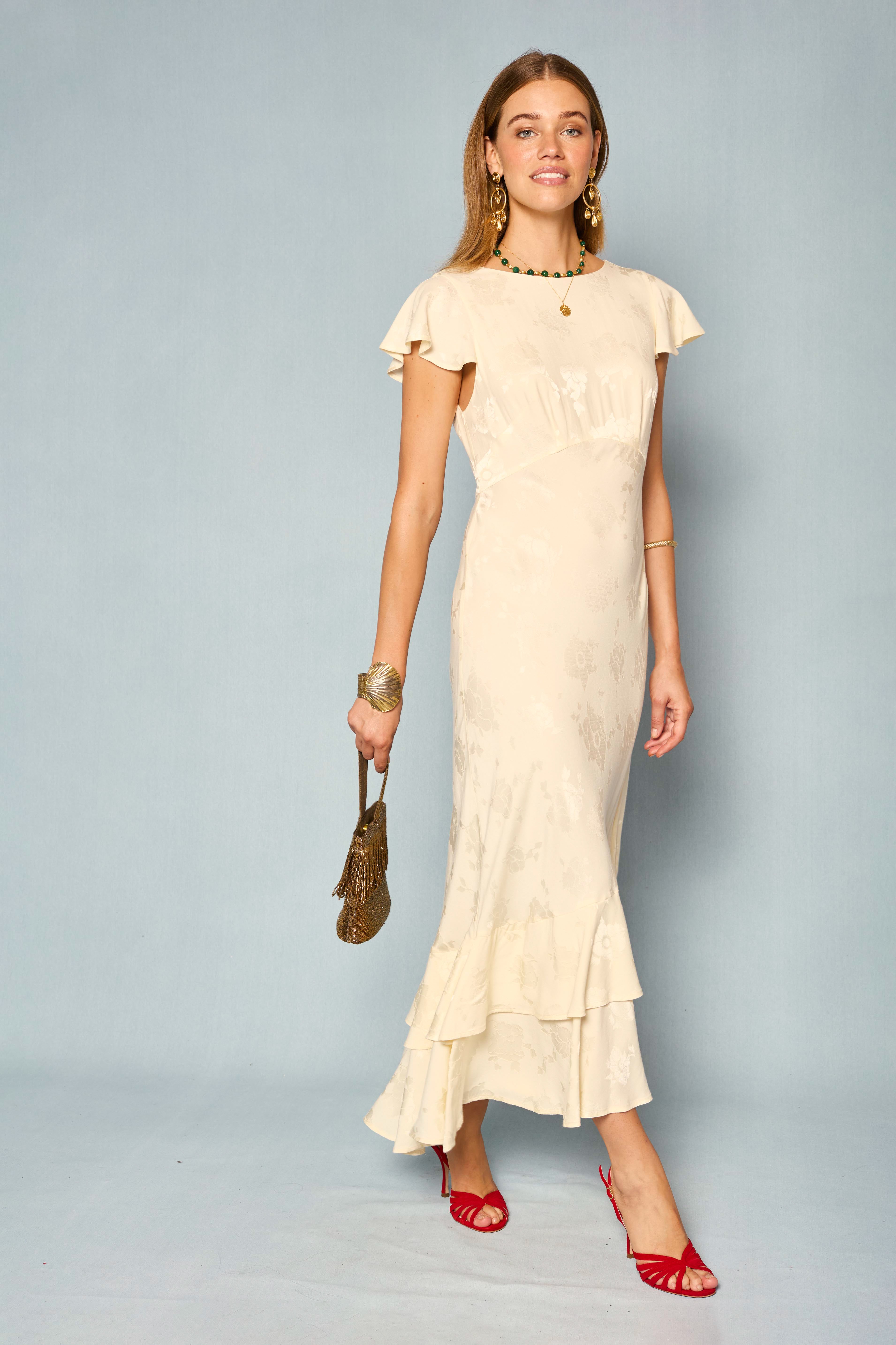 Liberty Tiered Midi Dress in Ivory Poppy Jacquard Champagne