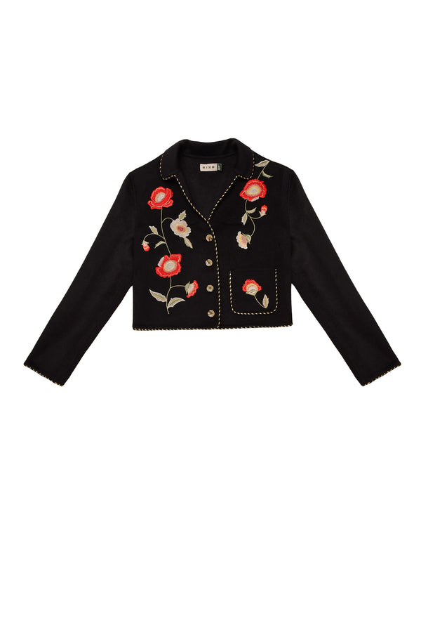 The Sunday - Poppy Embroidery Black is a black wool-blend cropped jacket with gold buttons, gold edge stitching, and vibrant embroidered poppies on the front and pocket.