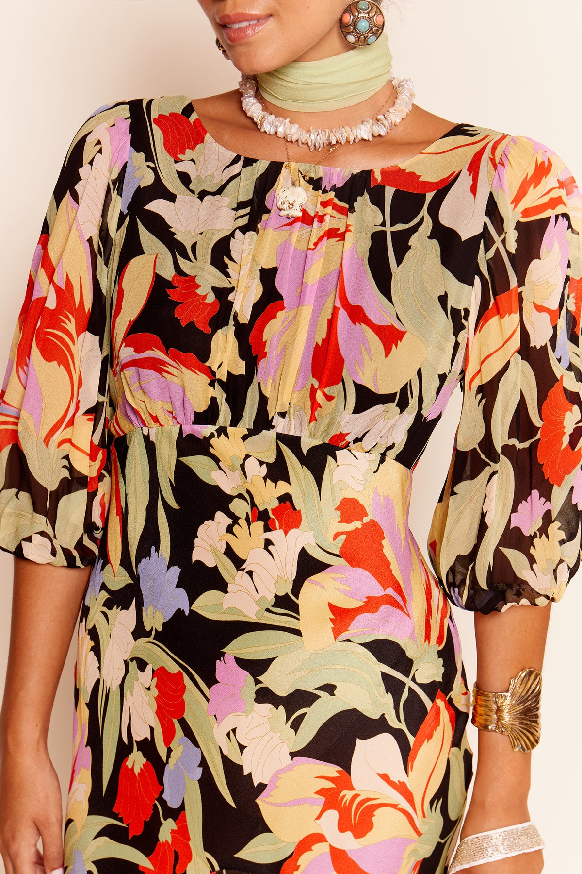 Cheryl Silk Midi Dress in Multi Cece Floral Black