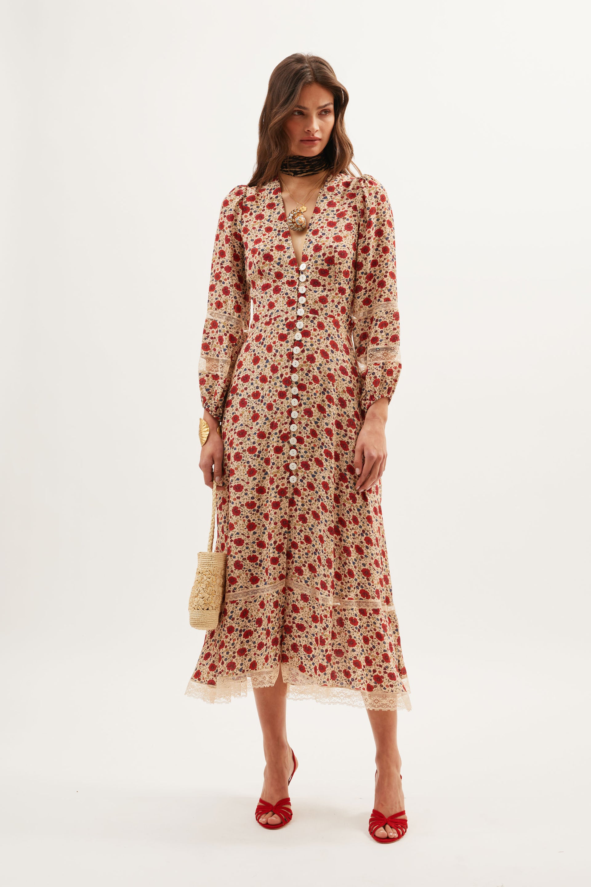 Raven Midi Dress in Eva Floral Cream