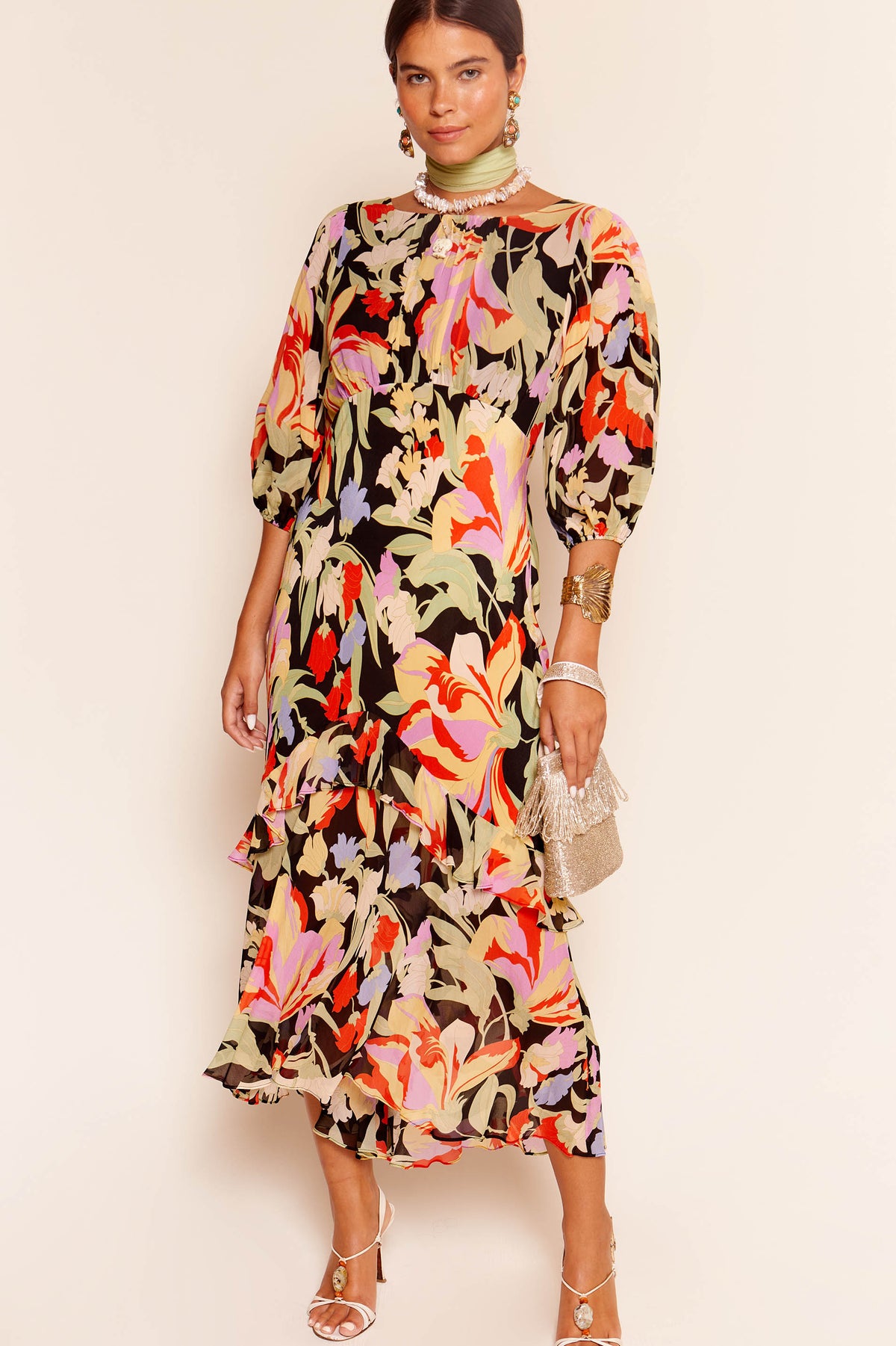 Cheryl Silk Midi Dress in Multi Cece Floral Black