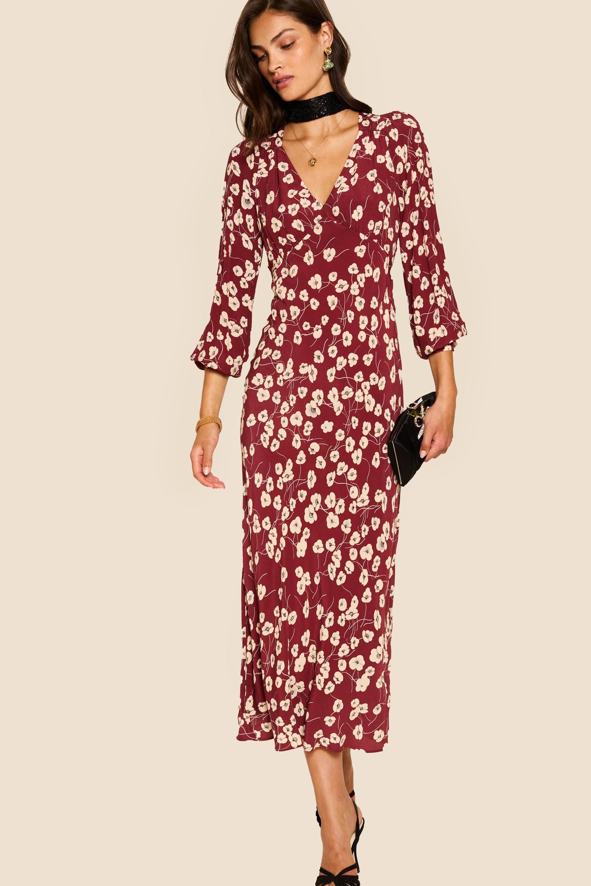 Mavis Midi Dress in Burgundy Autumn Cherry Maroon | RIXO Worldwide Mavis Midi Dress in Burgundy Autumn Cherry Maroon | RIXO Worldwide