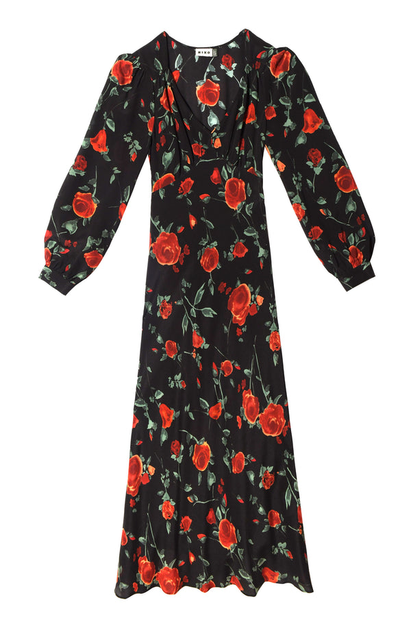 Mavis Silk Midi Dress in Claudia Rose Black | RIXO USA Mavis Silk Midi Dress in Claudia Rose Black | RIXO USA
