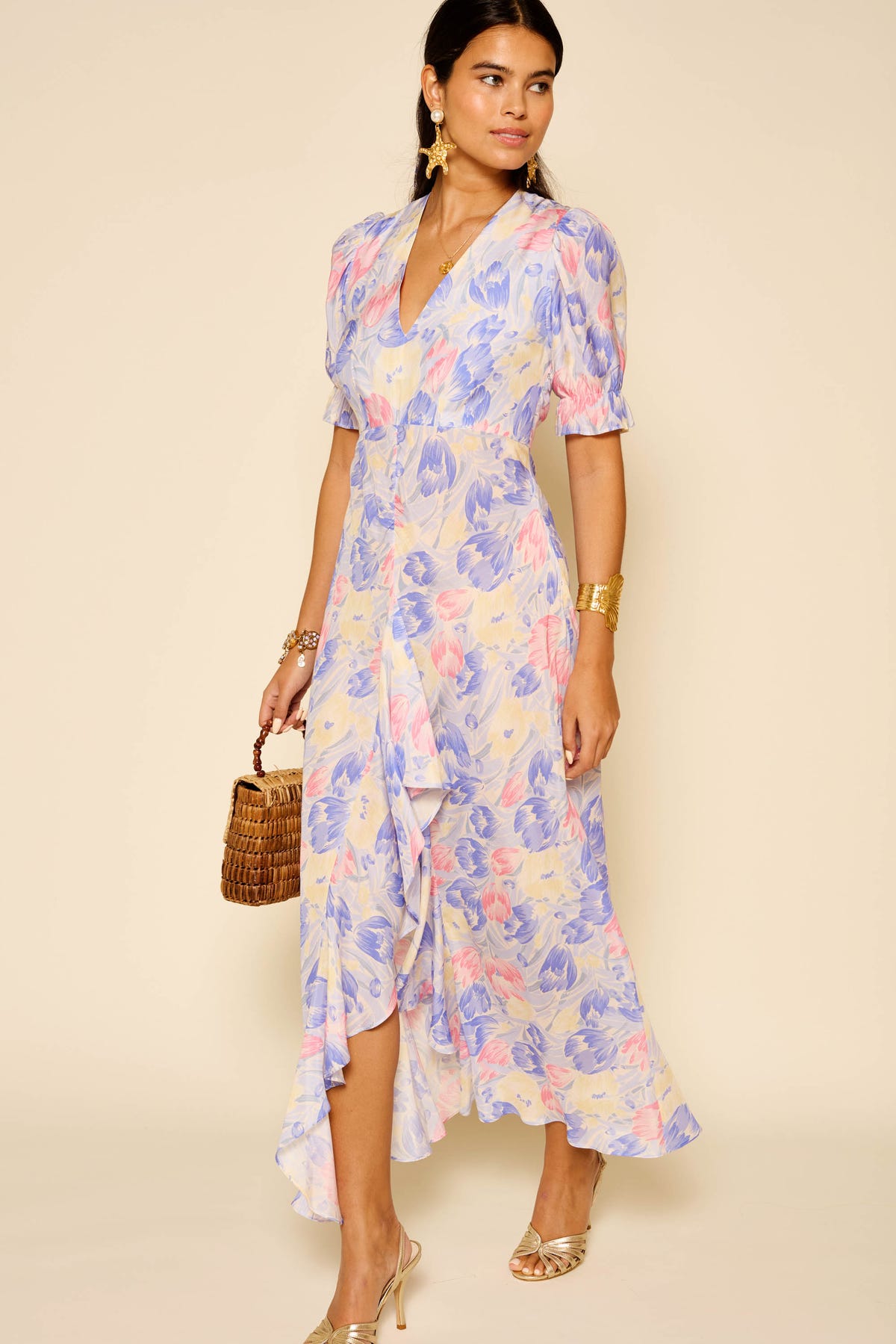 blue dress with pink heels Ariel Midi in Tulip Fields this backless sundress has bodycon homecoming dresses Size::26 (ADD +$10) Head Over Heels Velvet