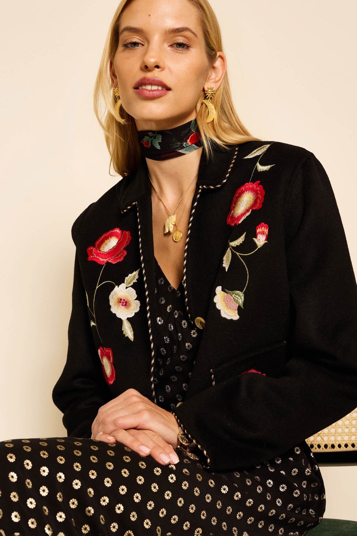 Sunday Embroidered Jacket in Poppy Embroidery Black | RIXO USA Sunday Embroidered Jacket in Poppy Embroidery Black | RIXO USA