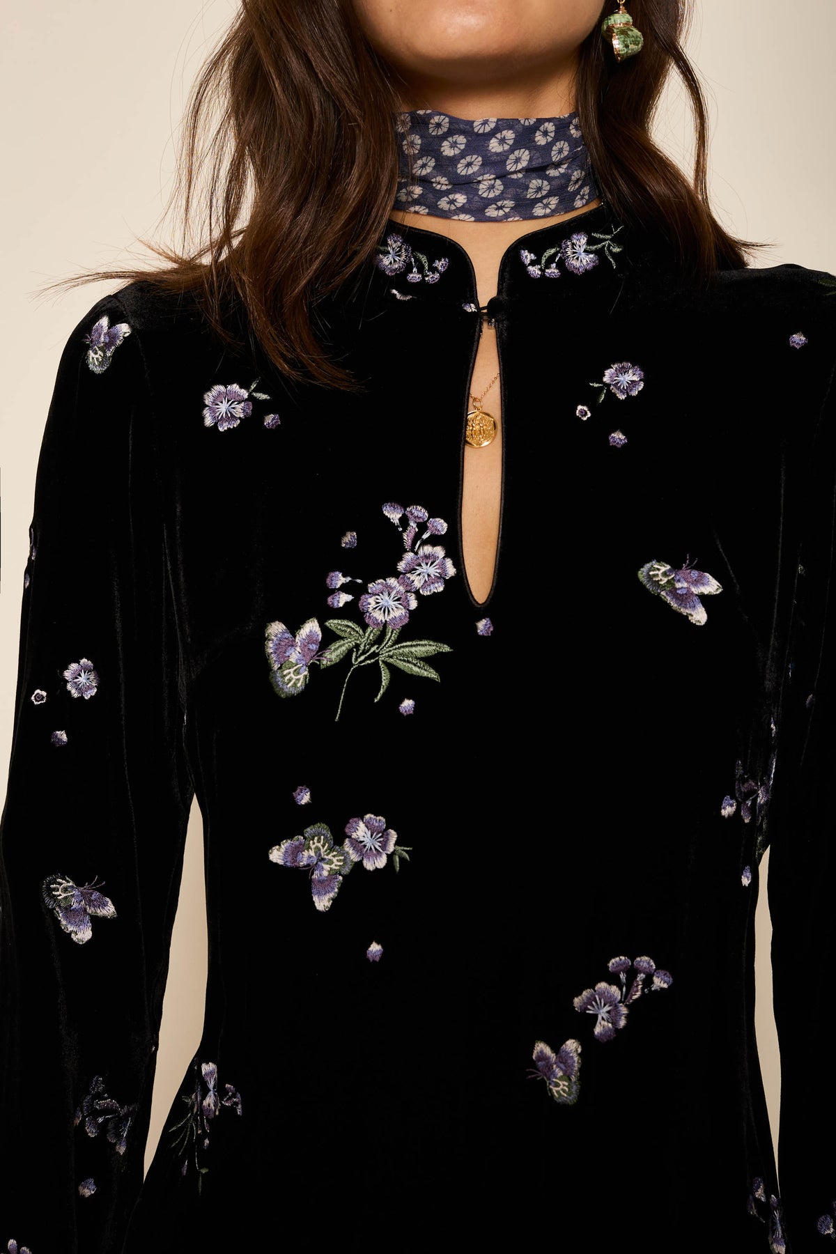 Calla Velvet Mini Dress in Black Blossom Embroidery Blue | RIXO USA Calla Velvet Mini Dress in Black Blossom Embroidery Blue | RIXO USA
