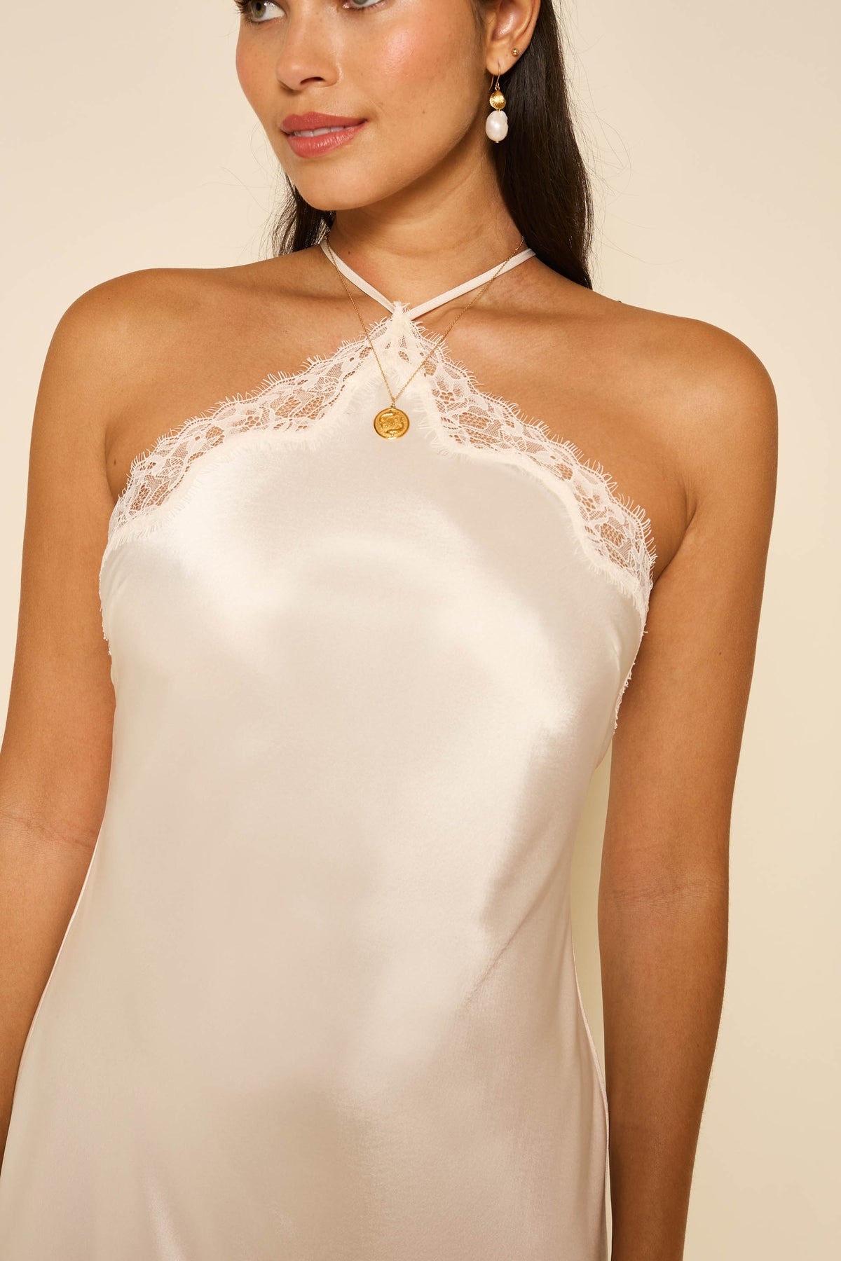 Harlan Satin Midi Dress in Cream Ivory | RIXO USA Harlan Satin Midi Dress in Cream Ivory | RIXO USA