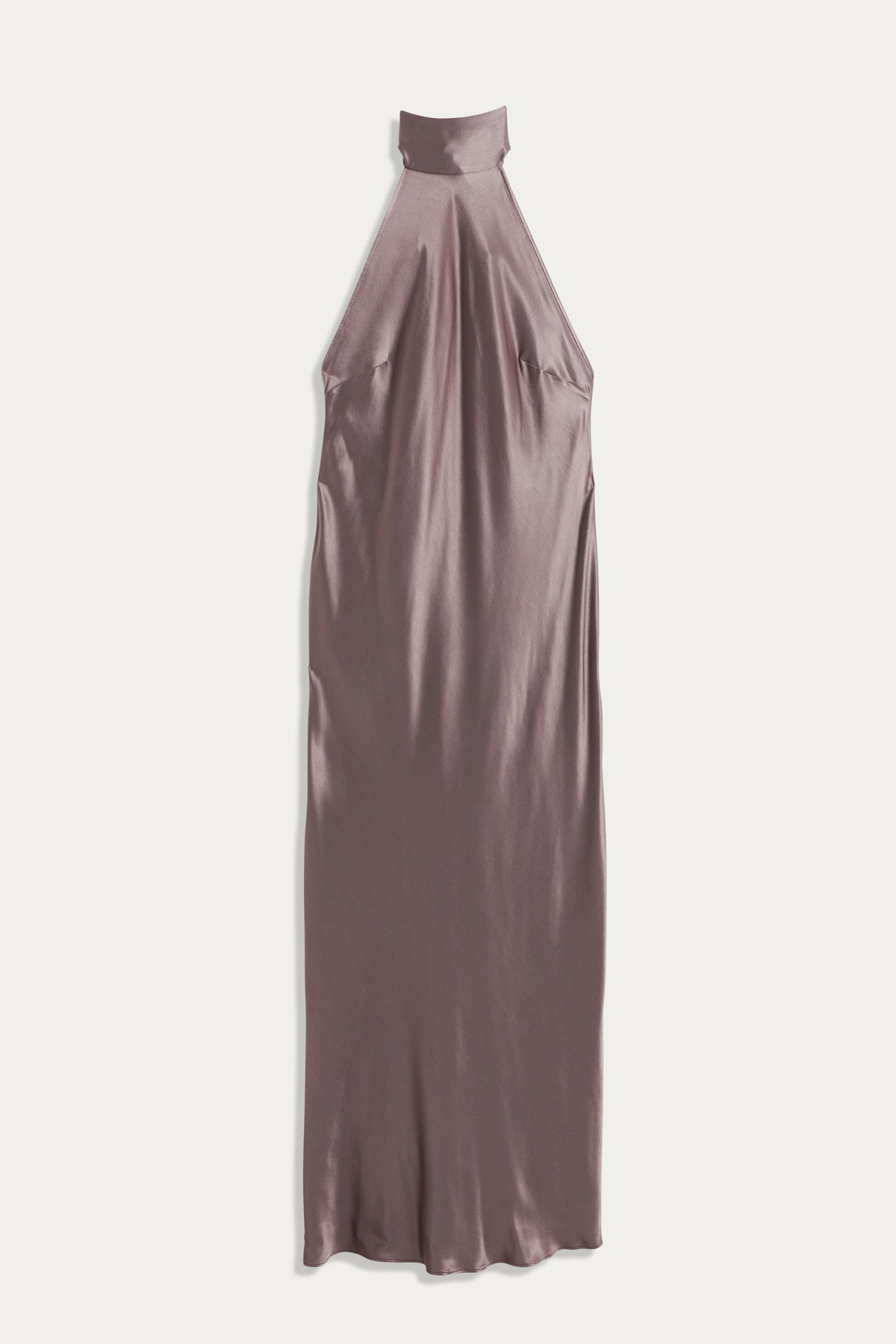 A sleeveless Maura gown in mink satin is laid flat on a white background, featuring a high halterneck, open back, and smooth, shiny texture for an elegant appearance.