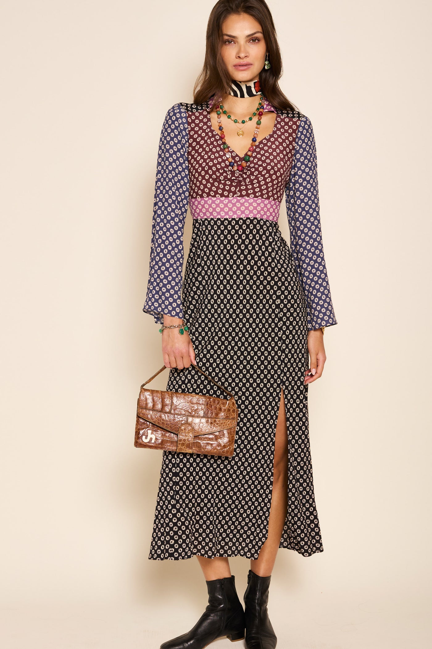 Priscilla Midi Dress in Multi Shibori Burgundy Mix | RIXO USA Priscilla Midi Dress in Multi Shibori Burgundy Mix | RIXO USA