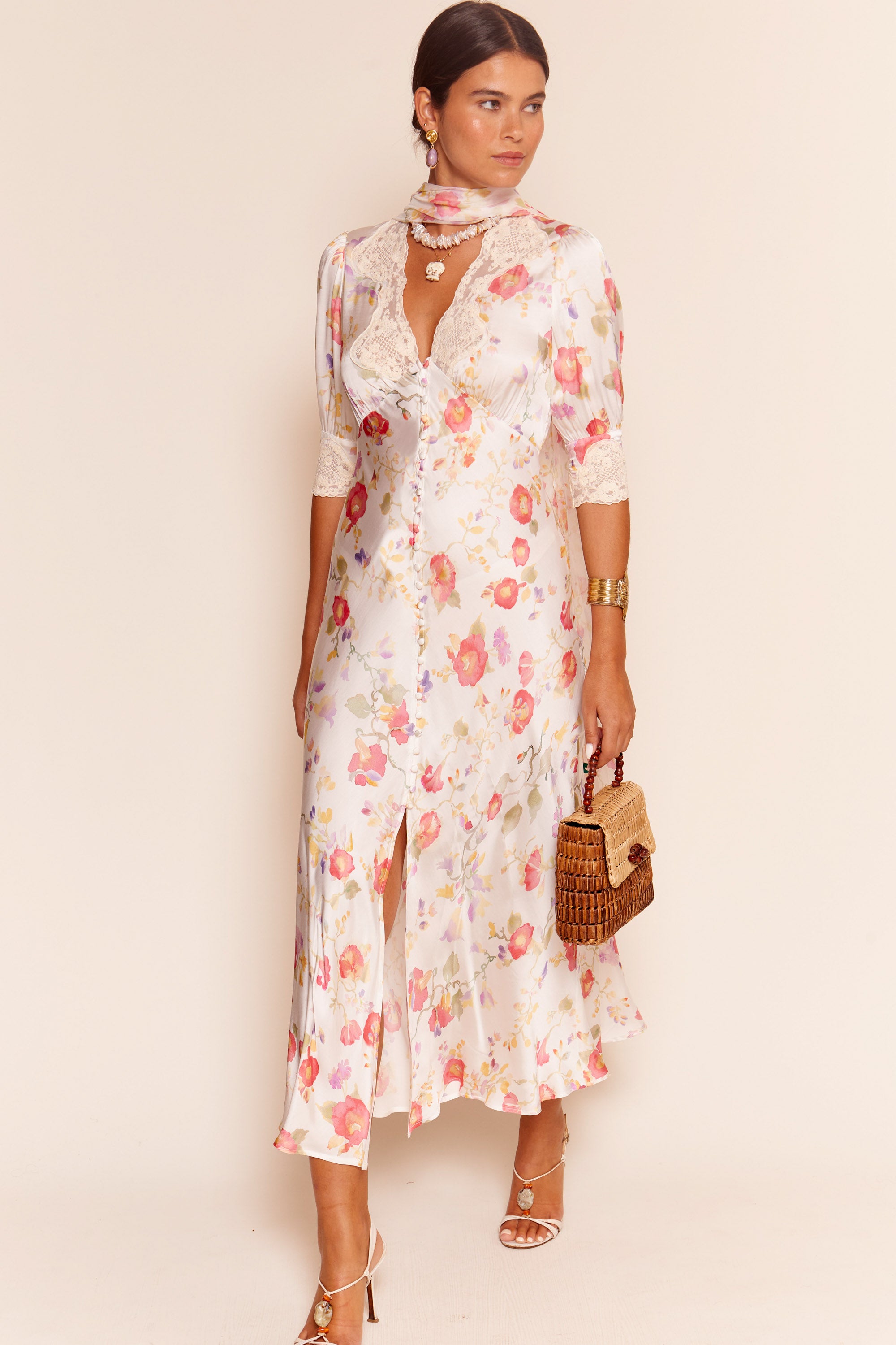 Simone Midi Dress in White Waterblossom Ivory