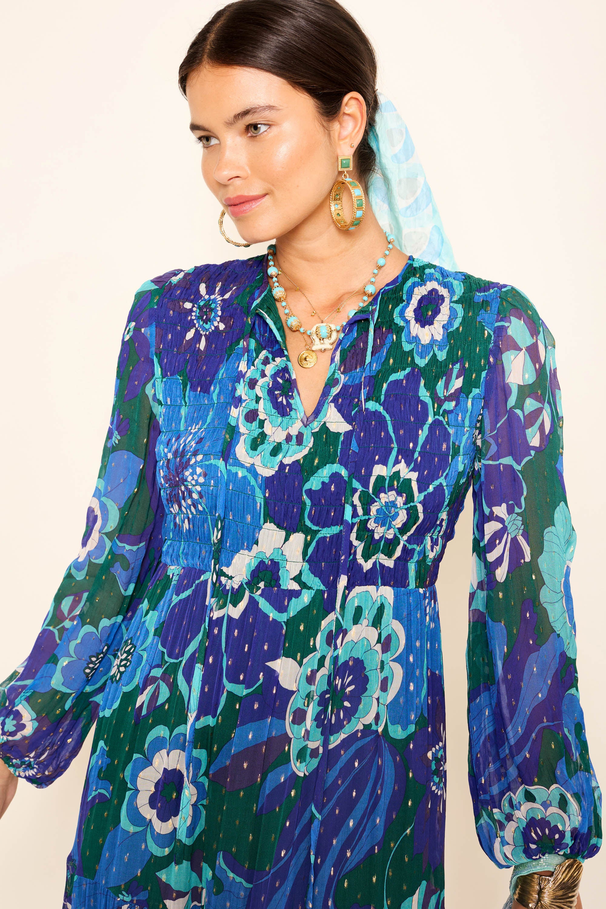 Lori Metallic Midi Dress in Blue Miami Floral Emerald | RIXO USA ⋆