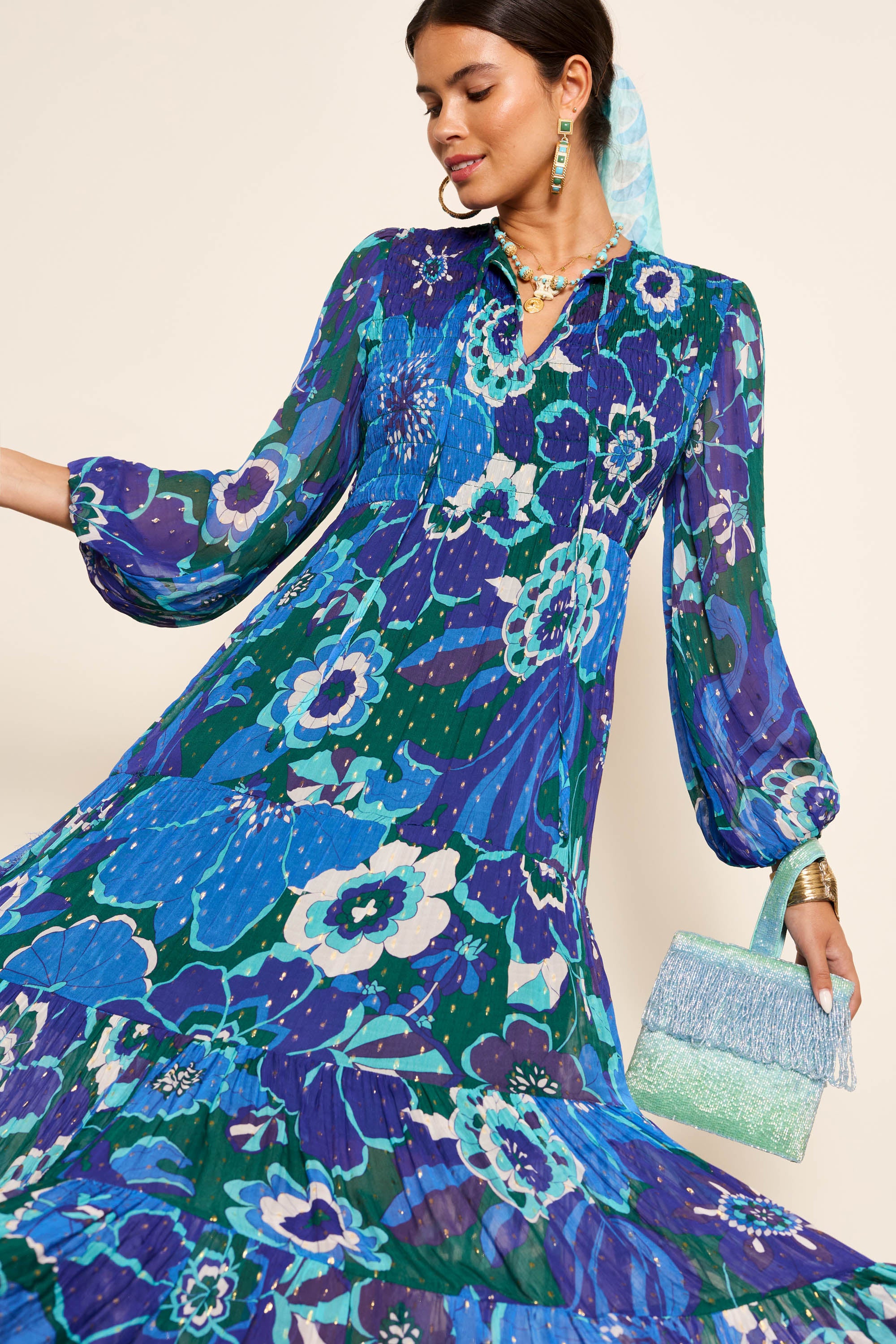 Lori Metallic Midi Dress in Blue Miami Floral Emerald | RIXO USA ⋆