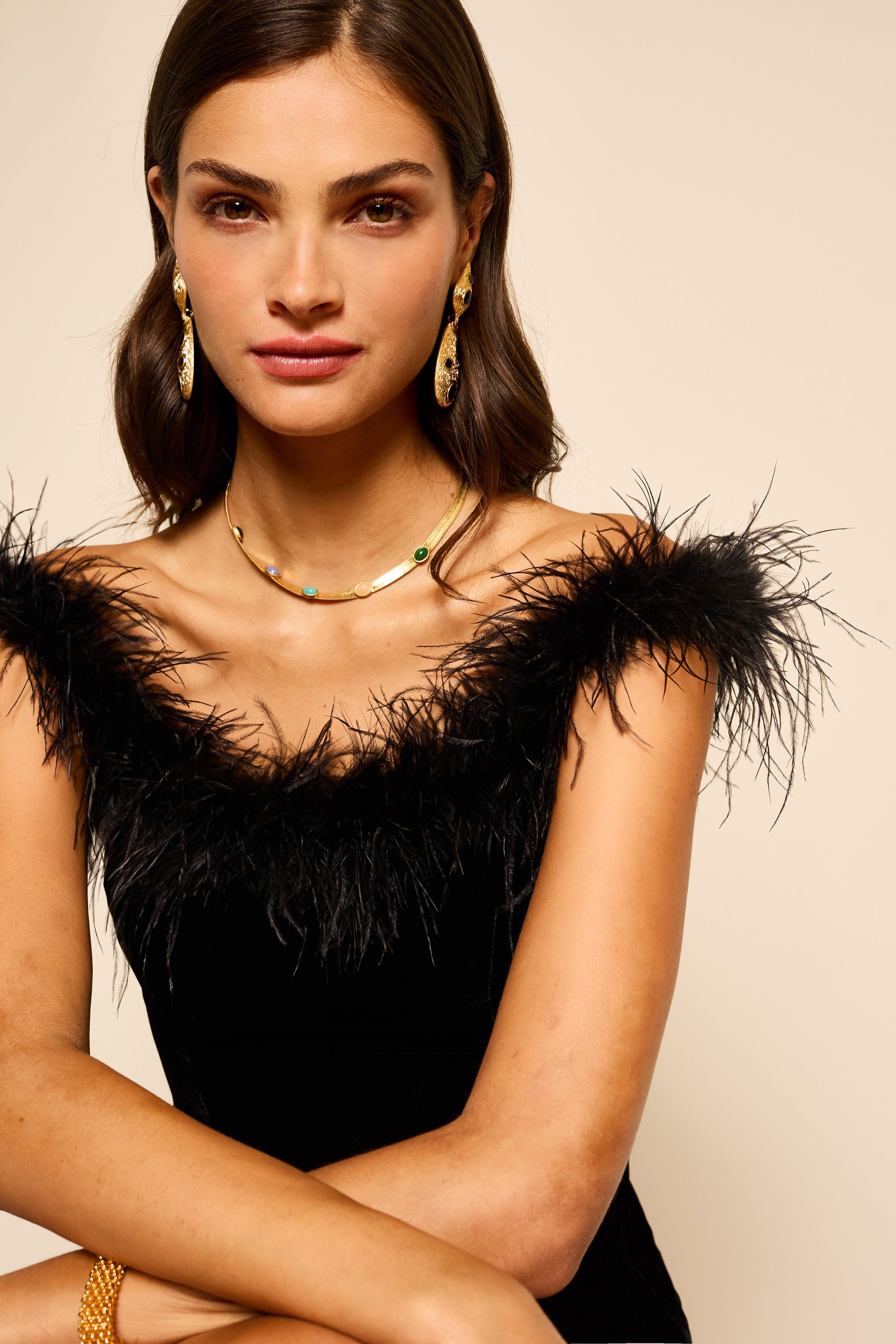 Lena feathered mini dress in black