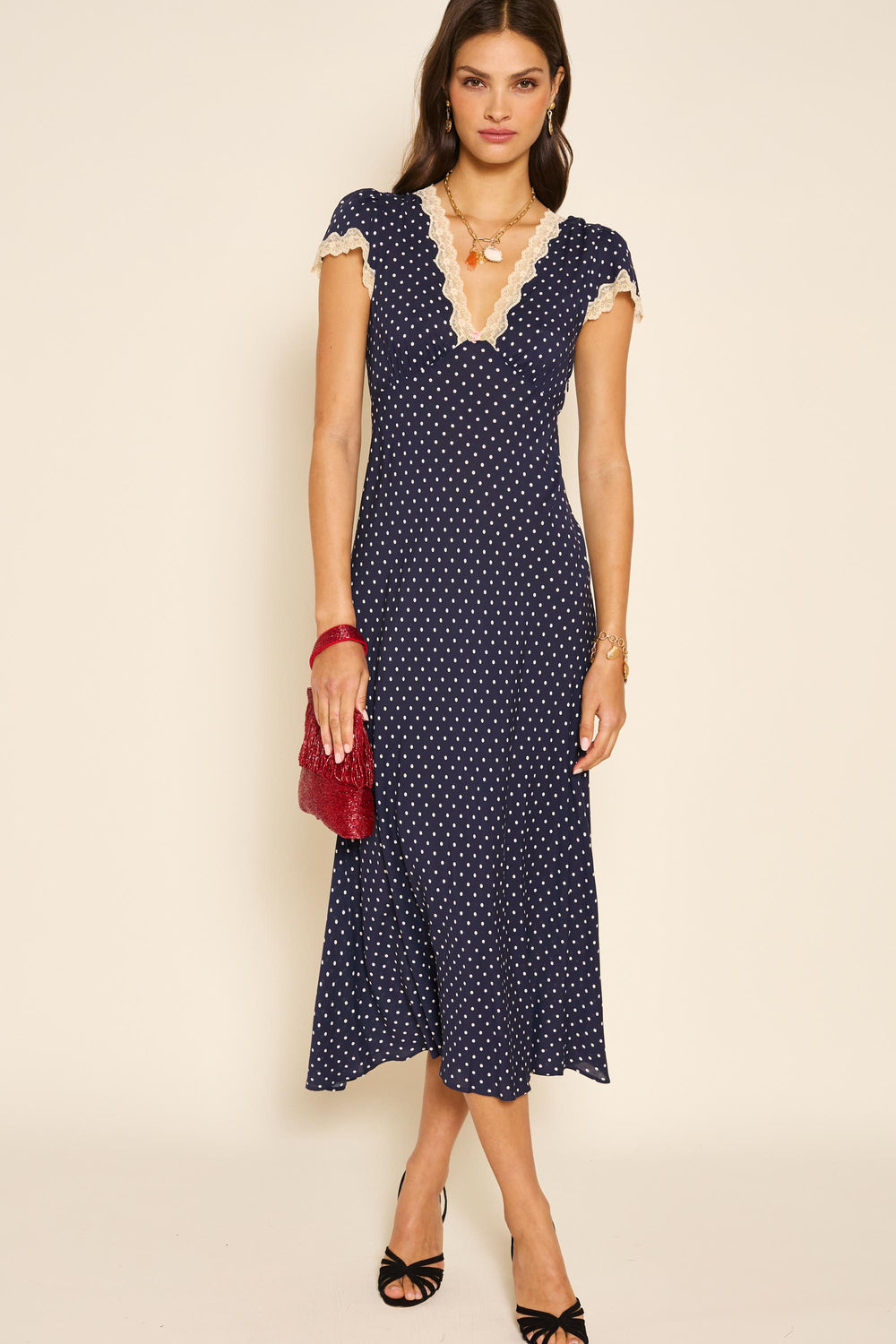 Clarice Midi Dress in Polka Dot Navy