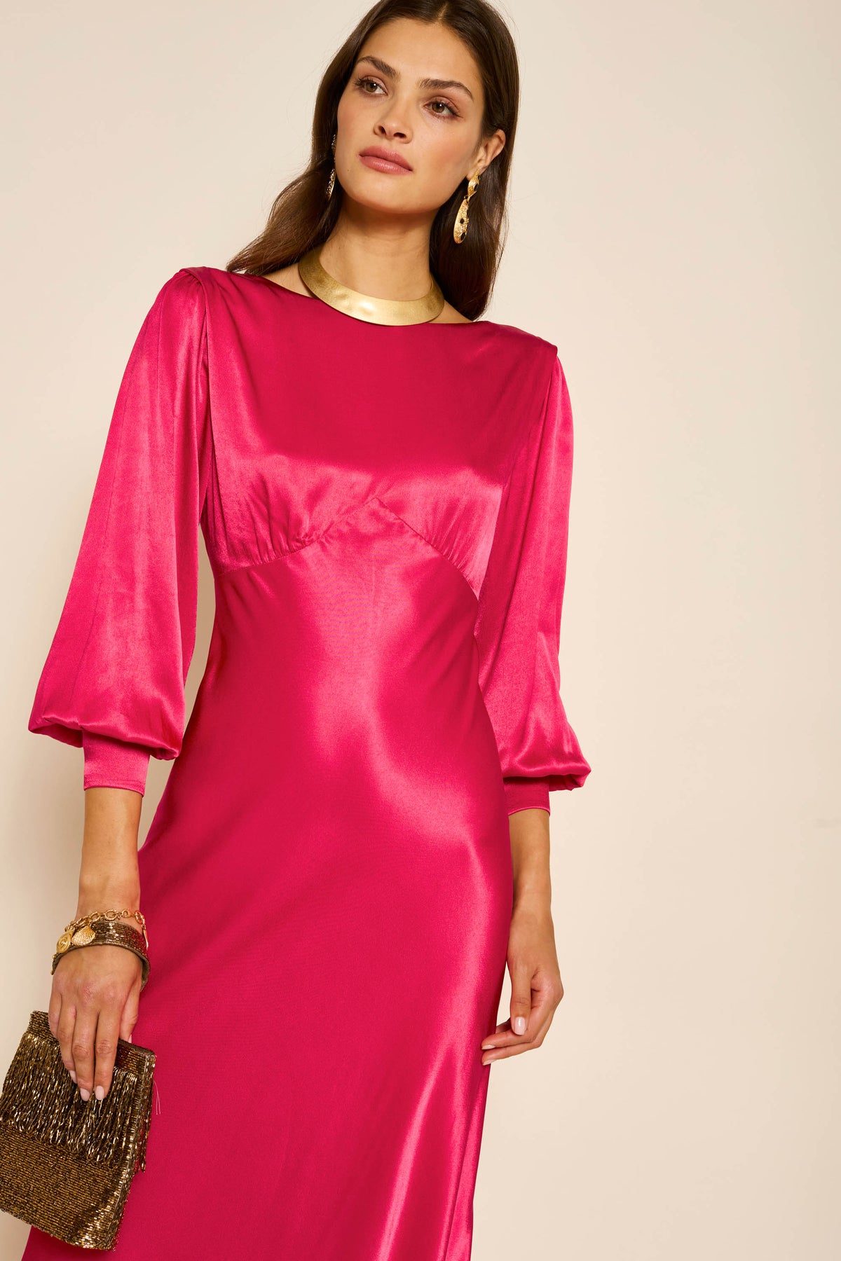 Marni Satin Gown in Pink Raspberry | RIXO USA Marni Satin Gown in Pink Raspberry | RIXO USA
