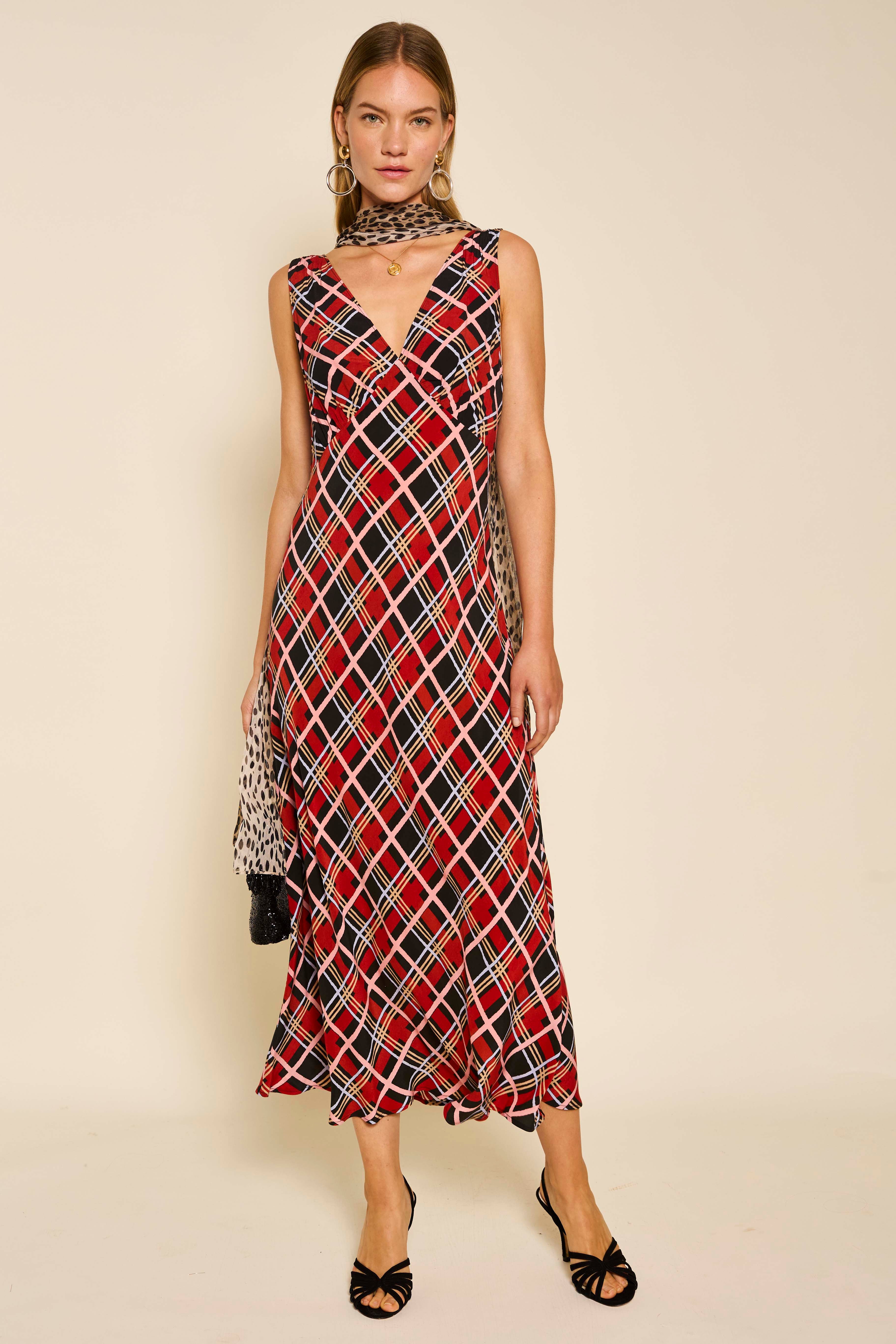 Sandrine Midi Dress in Painted Check Red