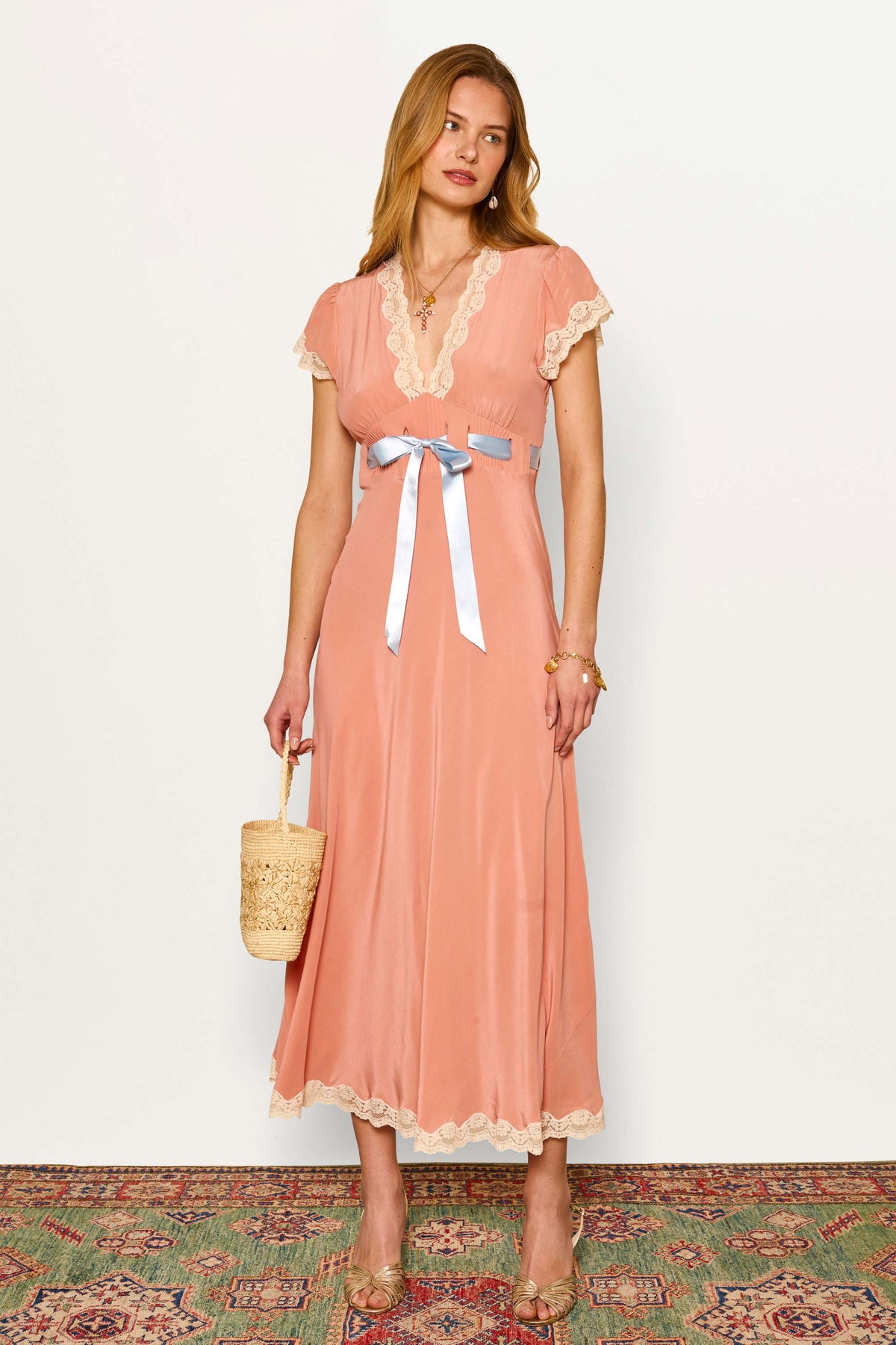 Marlice Silk Midi Dress in Orange Peach | RIXO USA Marlice Silk Midi Dress in Orange Peach | RIXO USA