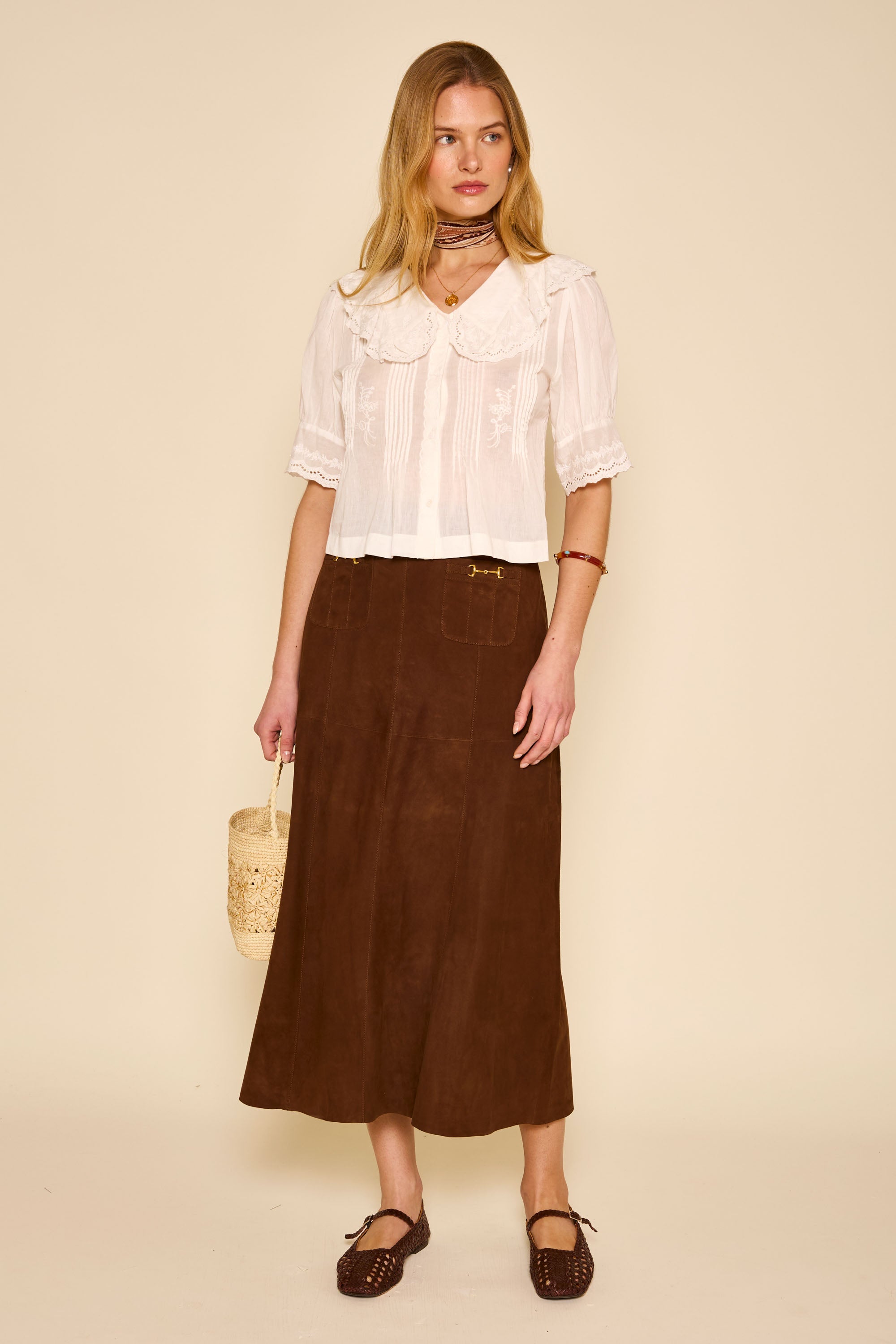 Edwina Suede Midi Skirt in Brown Tan | RIXO USA ⋆