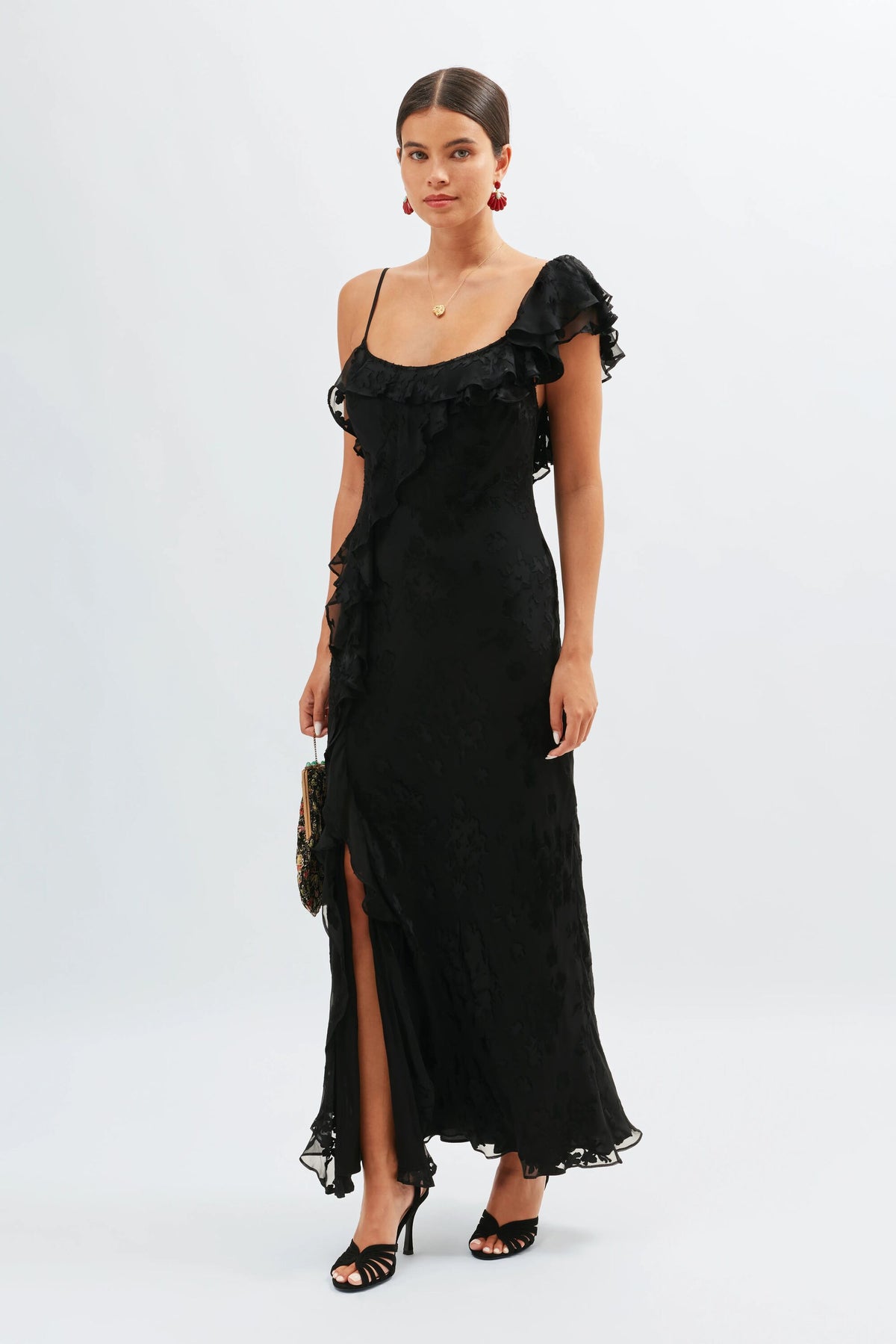 Ester Silk-Devor Maxi Dress in Bouquet Devor Black | RIXO USA Ester Silk-Devor Maxi Dress in Bouquet Devor Black | RIXO USA
