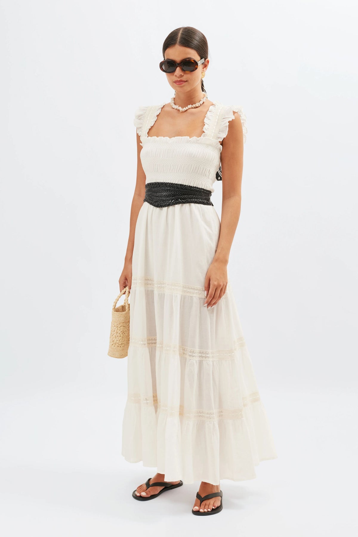 Aubrie Cotton Midi Dress in White Ivory Aubrie Cotton Midi Dress in White Ivory