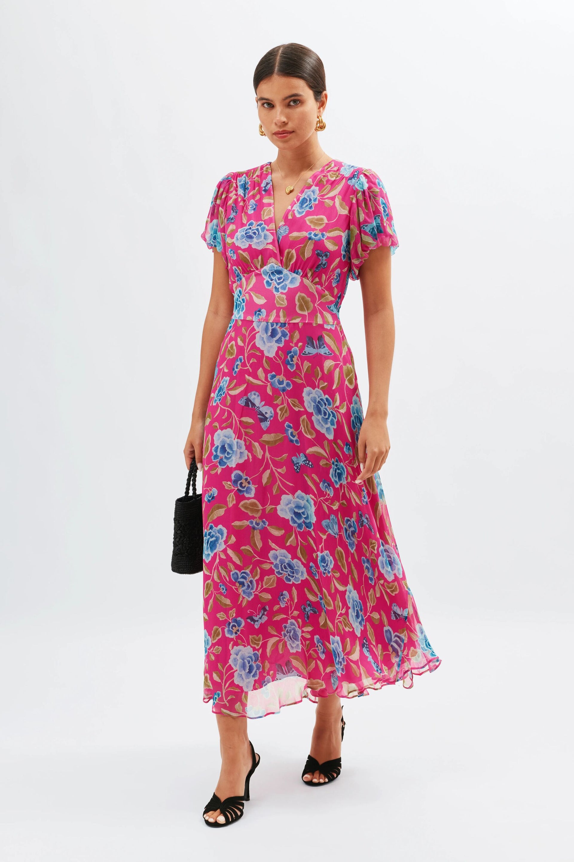 Corrine Midi Dress in Pink Butterfly Floral Magenta | RIXO USA