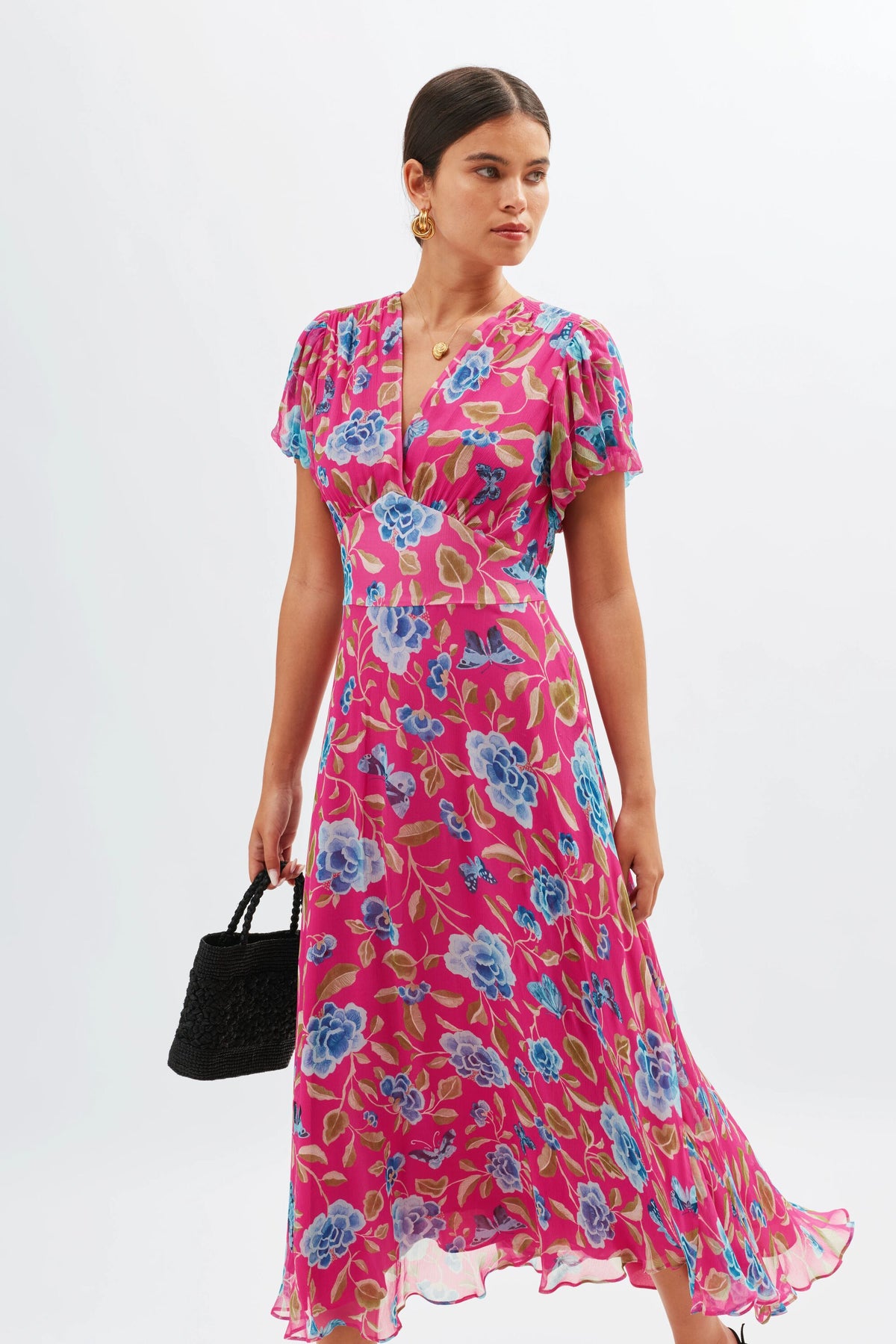 Corrine Midi Dress in Pink Butterfly Floral Magenta | RIXO USA Corrine Midi Dress in Pink Butterfly Floral Magenta | RIXO USA