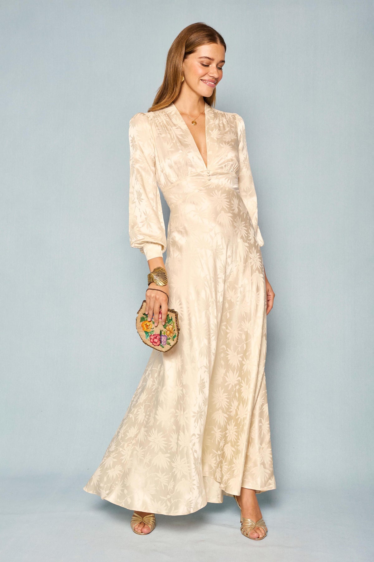 Emory Silk Jacquard Gown in Cream Daisy Jacquard Champagne