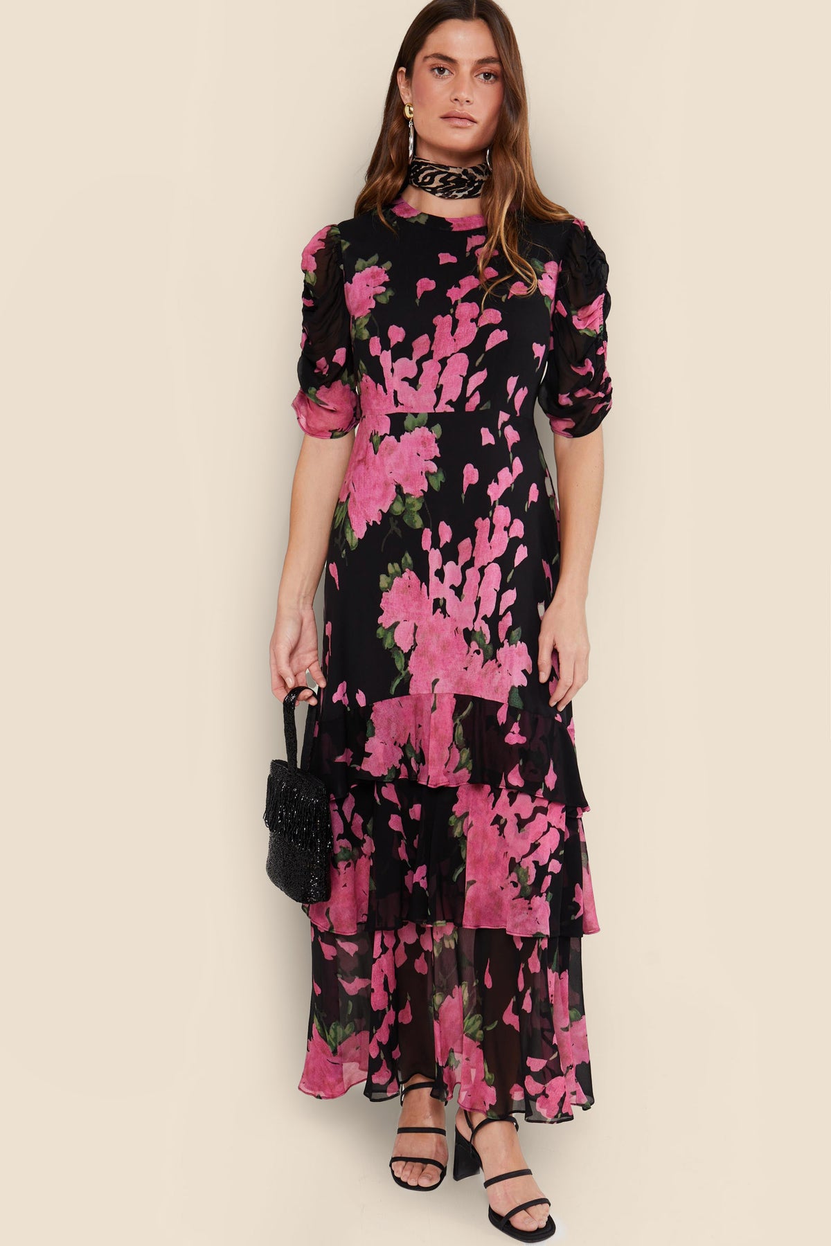 Evelyn Tiered Midi Dress in Blossom Pink | RIXO USA Evelyn Tiered Midi Dress in Blossom Pink | RIXO USA