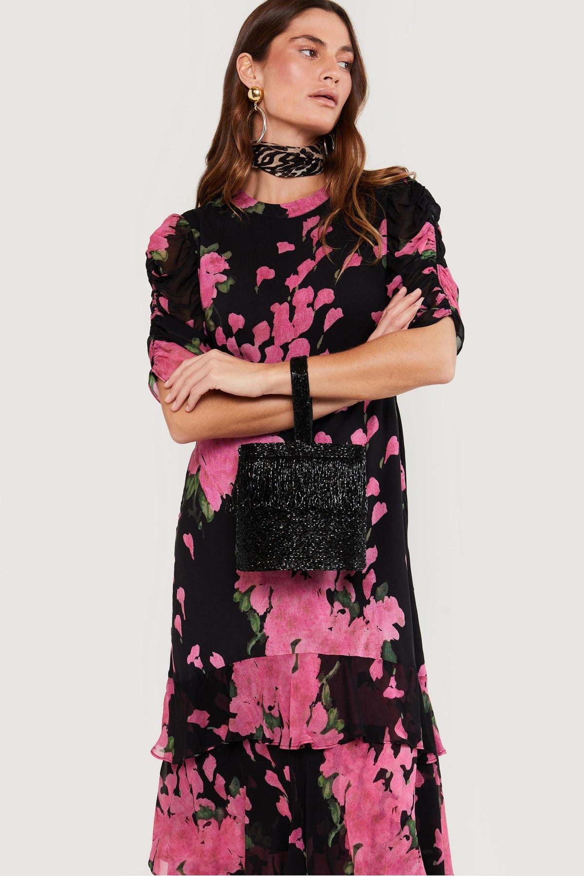 Evelyn Tiered Midi Dress in Blossom Pink | RIXO USA Evelyn Tiered Midi Dress in Blossom Pink | RIXO USA