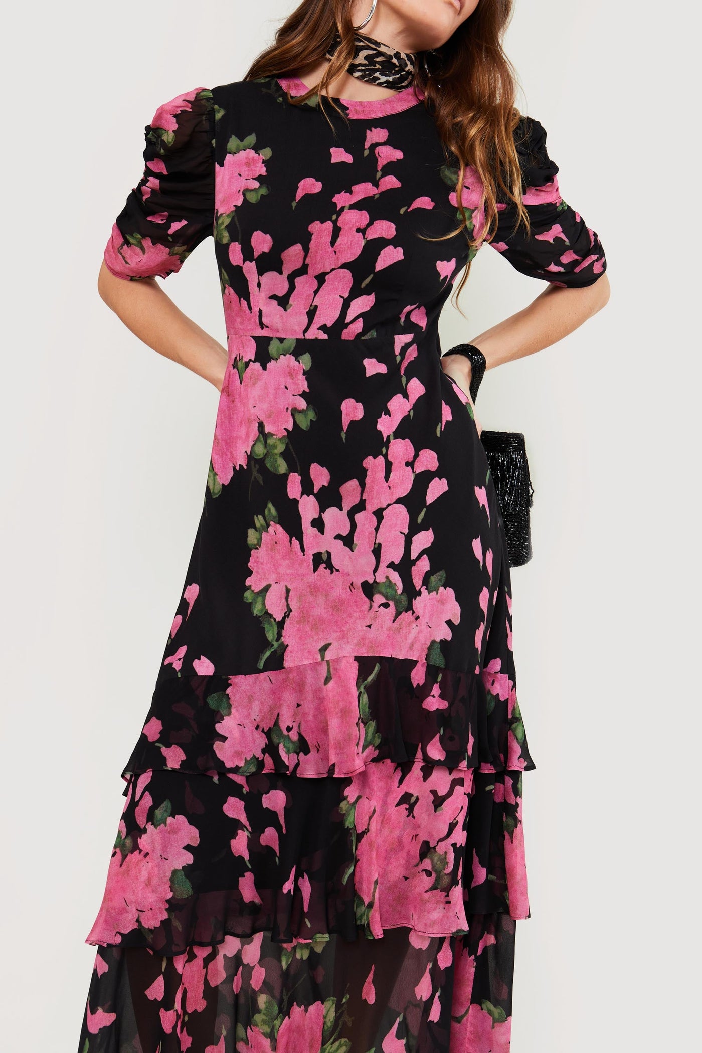 Evelyn Tiered Midi Dress in Blossom Pink | RIXO USA Evelyn Tiered Midi Dress in Blossom Pink | RIXO USA
