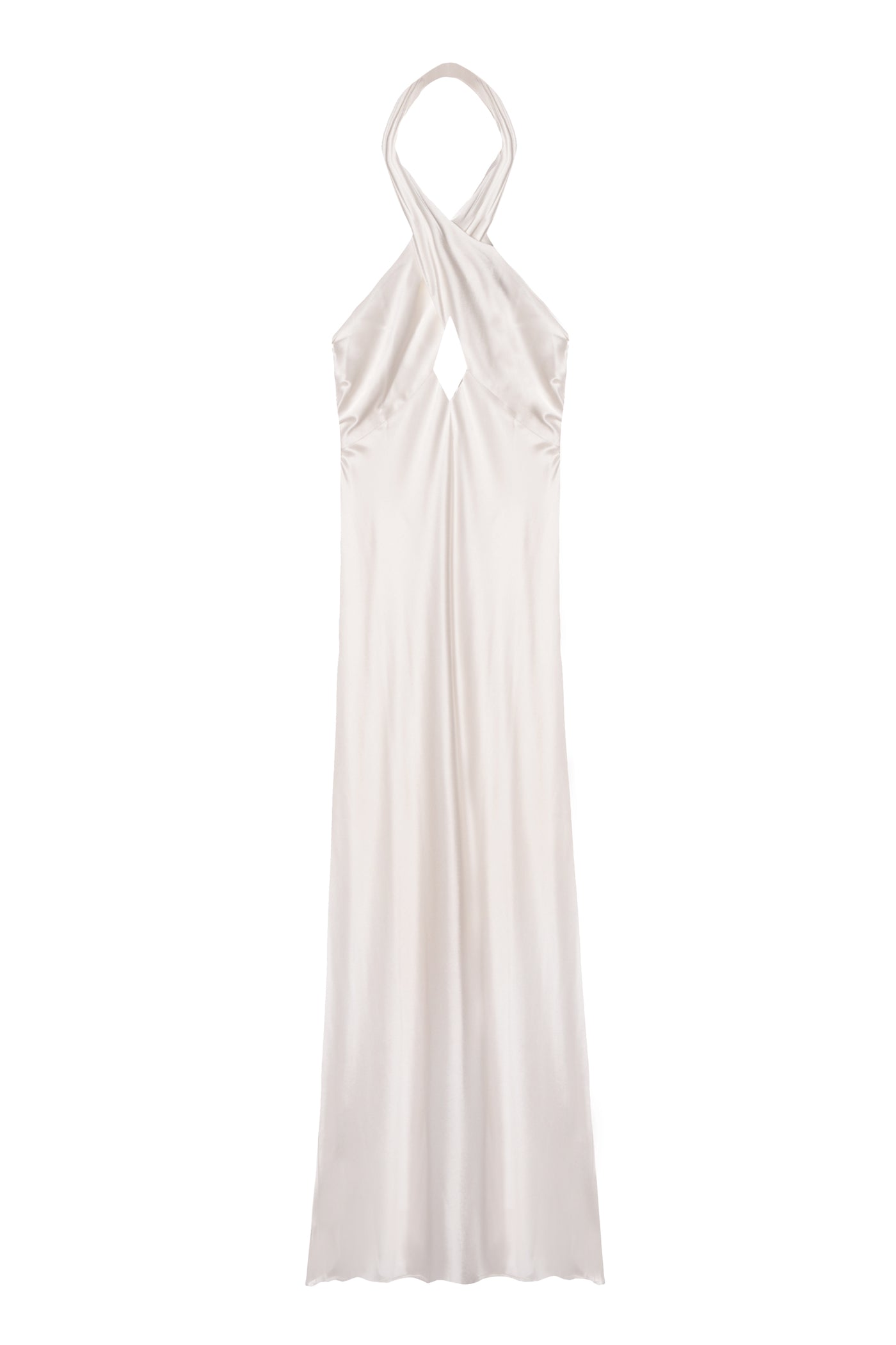 The Dune - Satin Gown is a sleeveless, long white bridal dress with a crisscross halter neckline and small chest keyhole, offering an elegant and modern look.