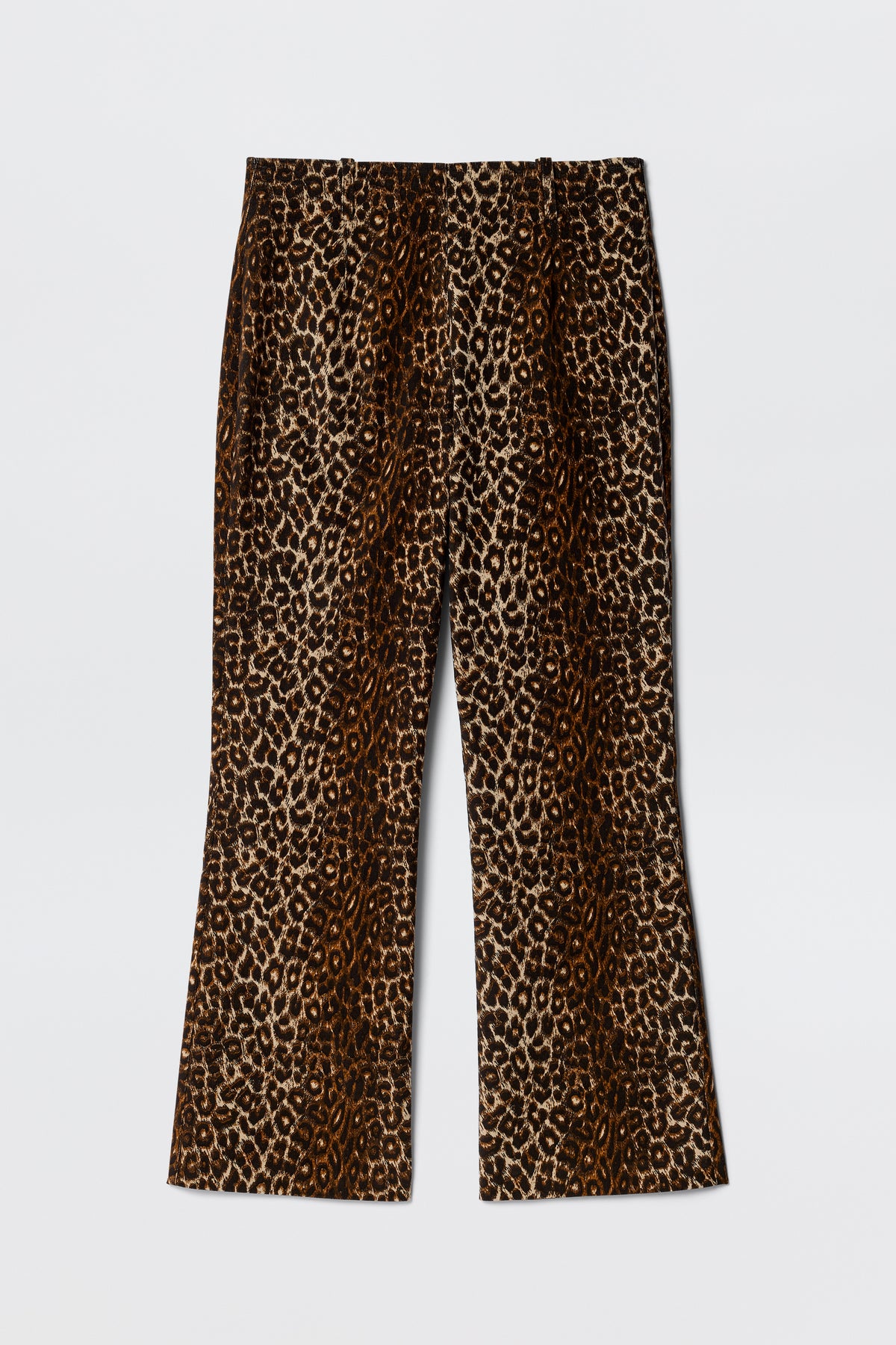 The Olwen - Lyra Leopard Black is a pair of vintage-inspired, high-waisted wide-leg trousers with a brown and black leopard print, shown laid flat on a white background.