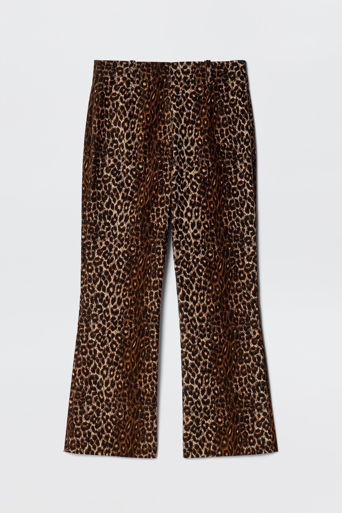 The Olwen - Lyra Leopard Black is a pair of vintage-inspired, high-waisted wide-leg trousers with a brown and black leopard print, shown laid flat on a white background.